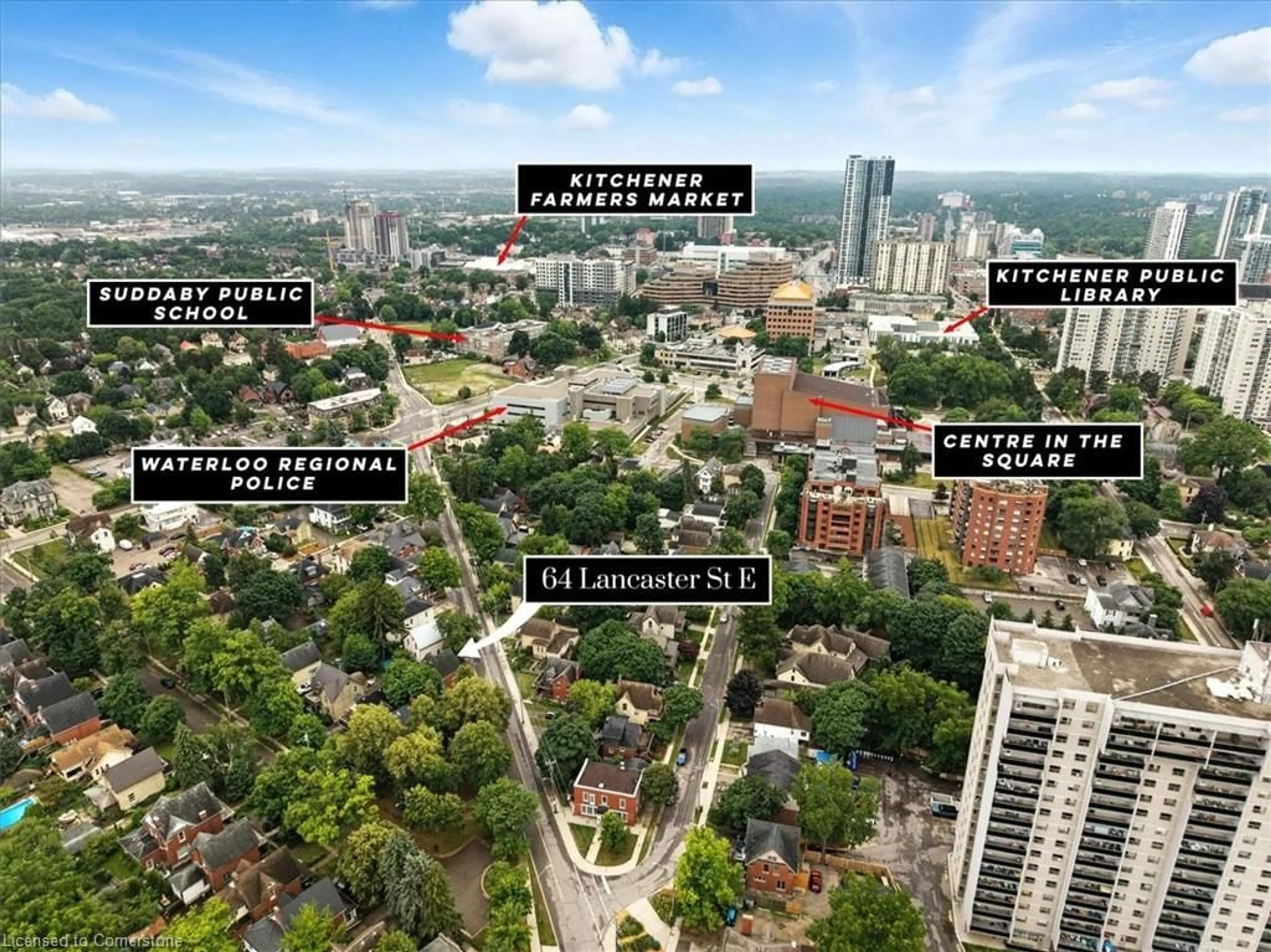 A pic from outside/outdoor area/front of a property/back of a property/a pic from drone, city buildings view from balcony for 64 Lancaster St, Kitchener Ontario N2H 1M6