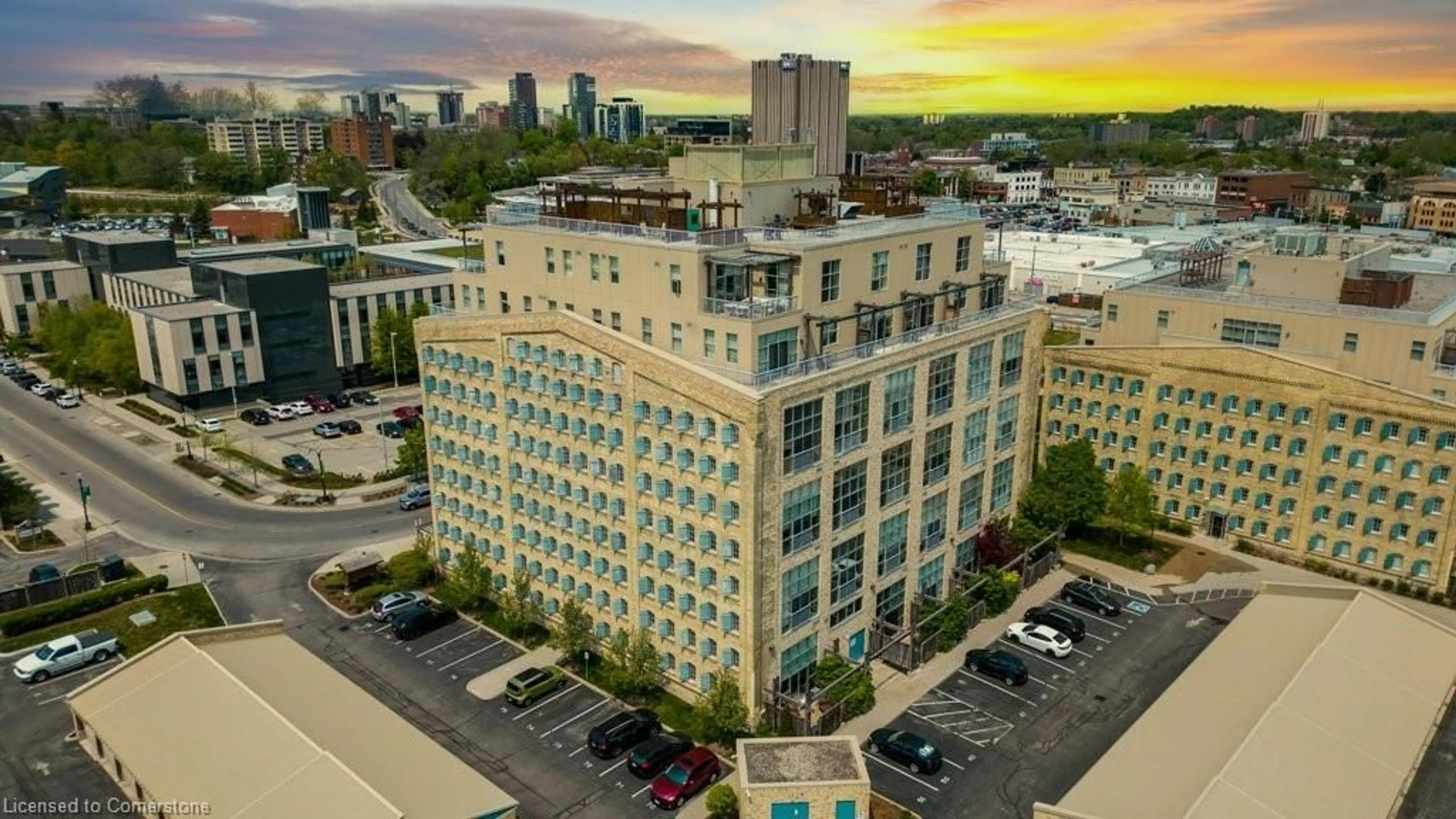 A pic from outside/outdoor area/front of a property/back of a property/a pic from drone, city buildings view from balcony for 5 Father David Bauer Dr #105, Waterloo Ontario N2L 6M2