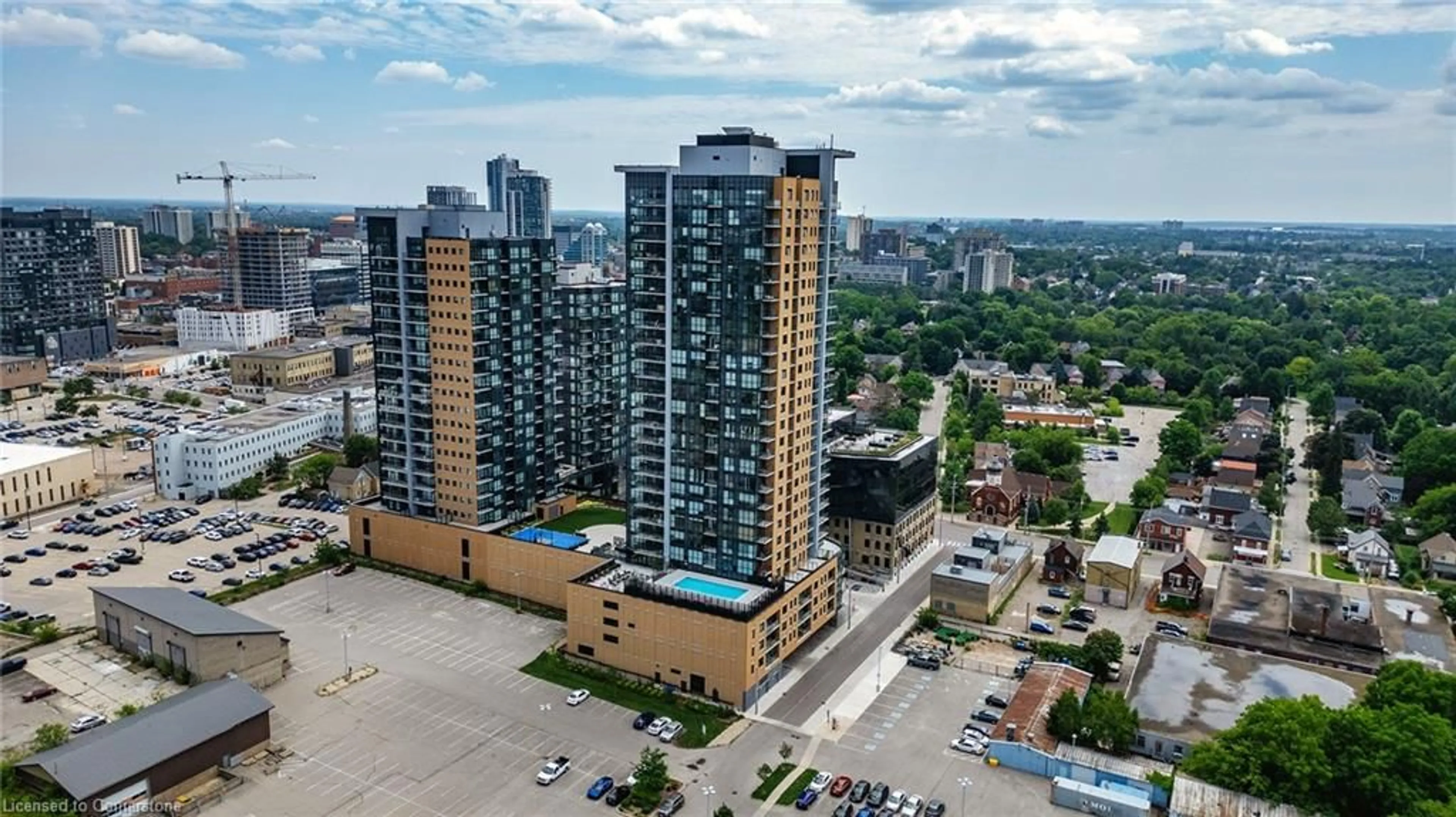 A pic from outside/outdoor area/front of a property/back of a property/a pic from drone, city buildings view from balcony for 108 Garment St #1101, Kitchener Ontario N2G 3B2
