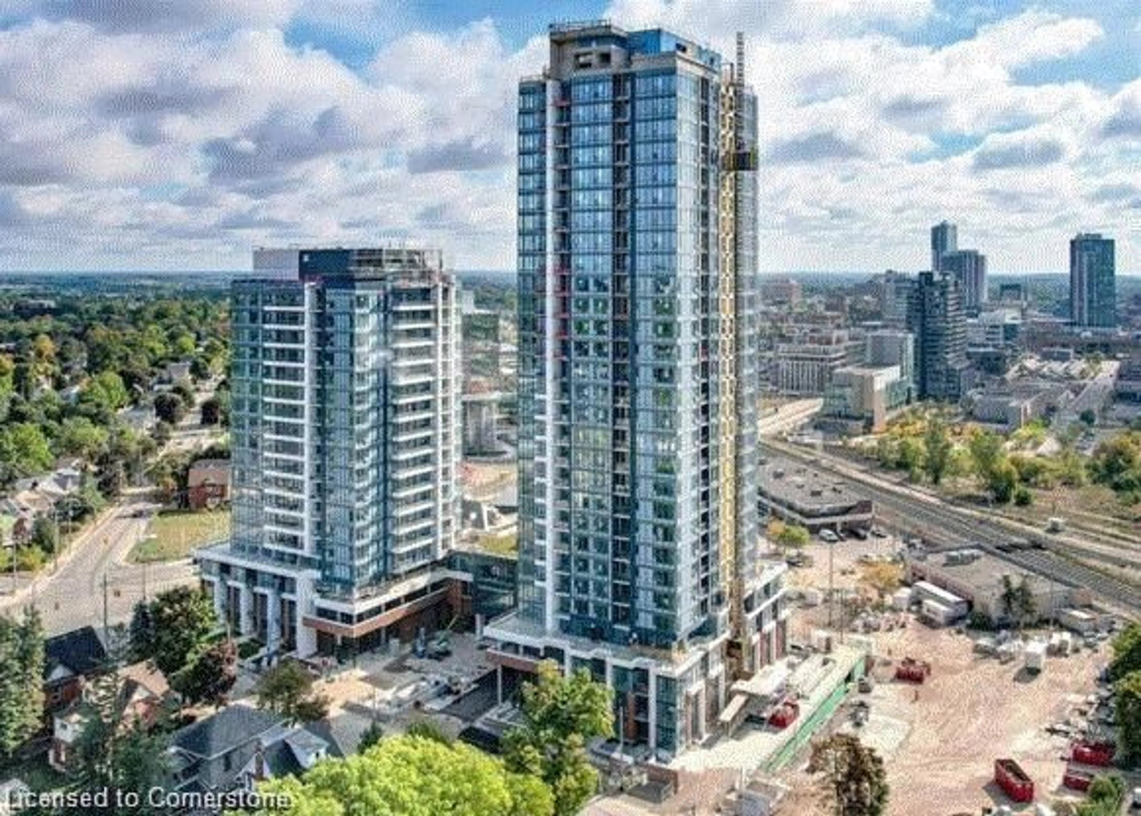 A pic from outside/outdoor area/front of a property/back of a property/a pic from drone, city buildings view from balcony for 15 Wellington St #1009, Kitchener Ontario N2G 0E4
