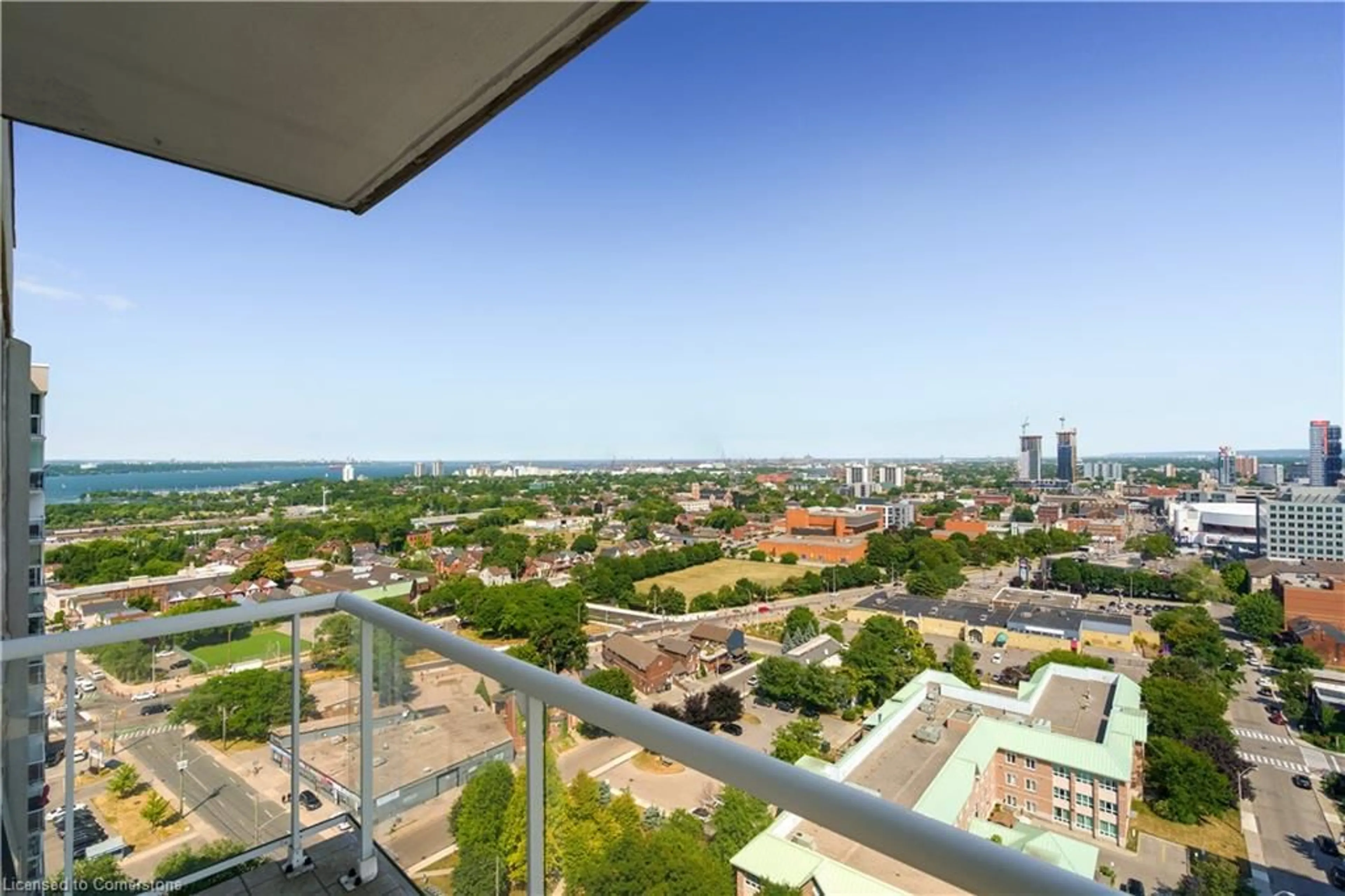 Balcony in the apartment, city buildings view from balcony for 75 Queen St #2203, Hamilton Ontario L8R 3J3