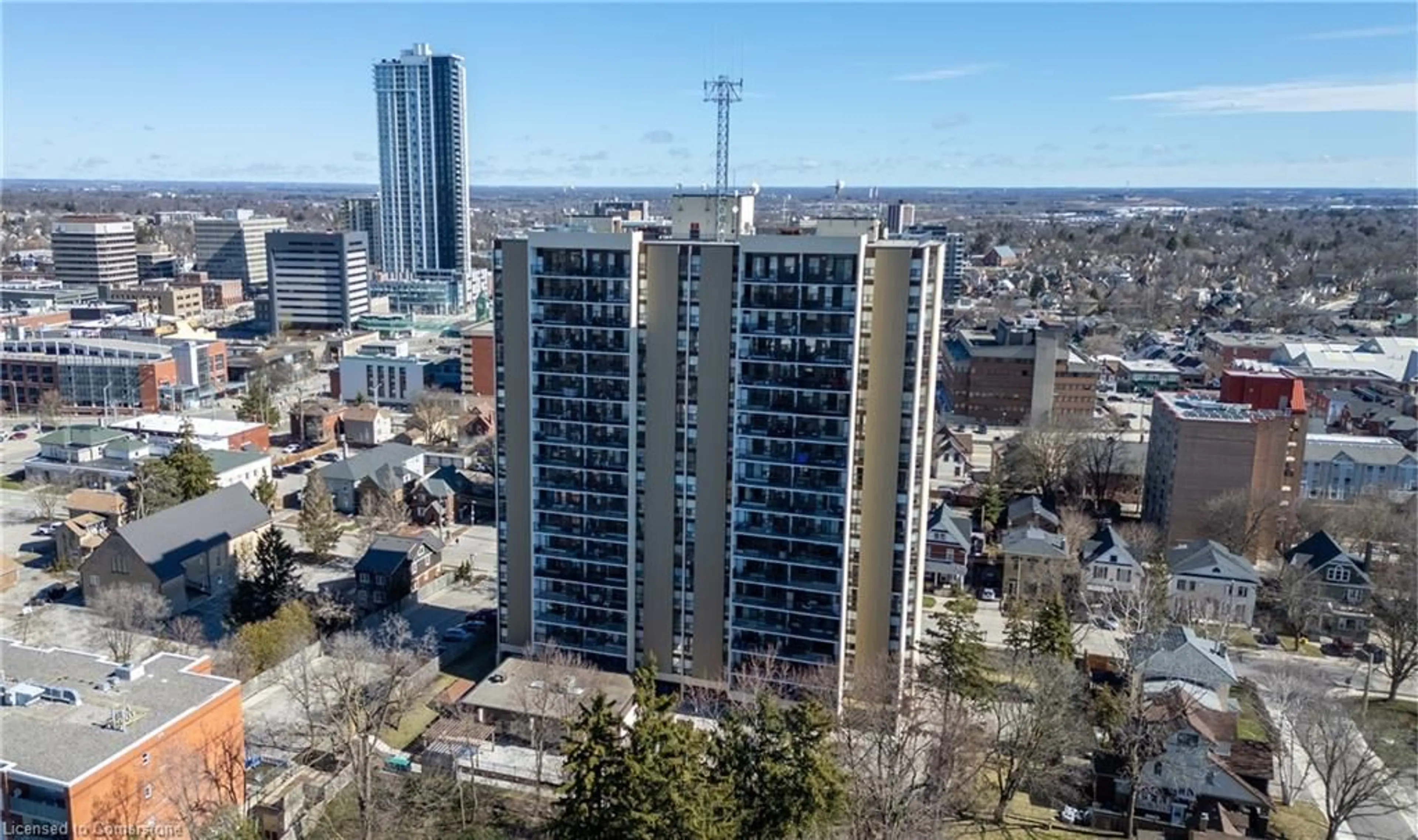 A pic from outside/outdoor area/front of a property/back of a property/a pic from drone, city buildings view from balcony for 81 Church St #1504, Kitchener Ontario N2G 4M1
