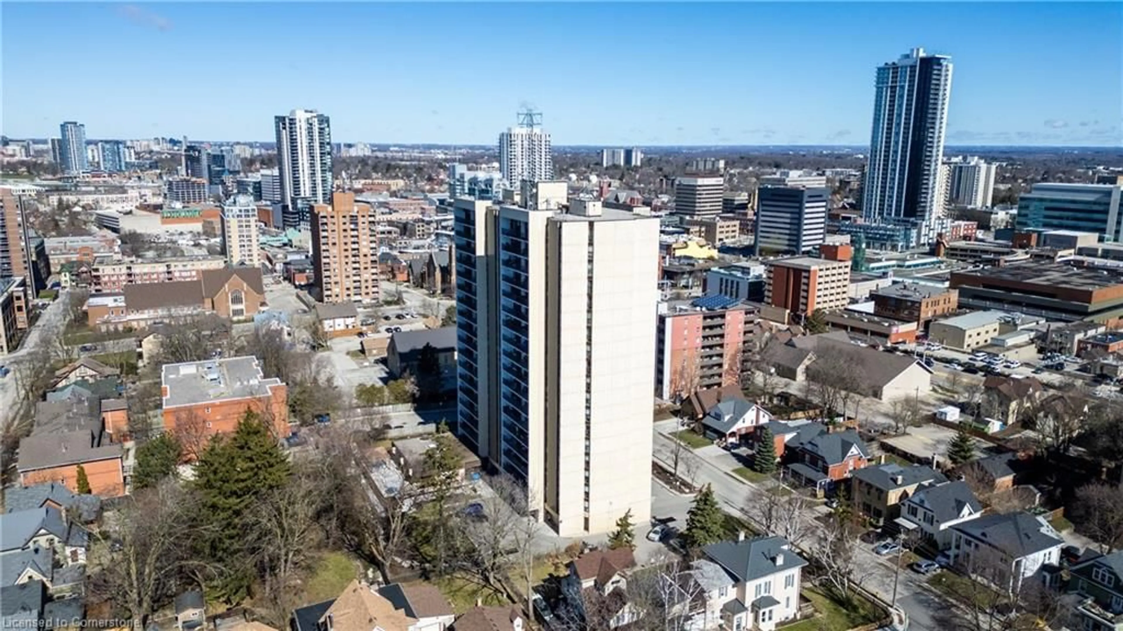 A pic from outside/outdoor area/front of a property/back of a property/a pic from drone, city buildings view from balcony for 81 Church St #1504, Kitchener Ontario N2G 4M1