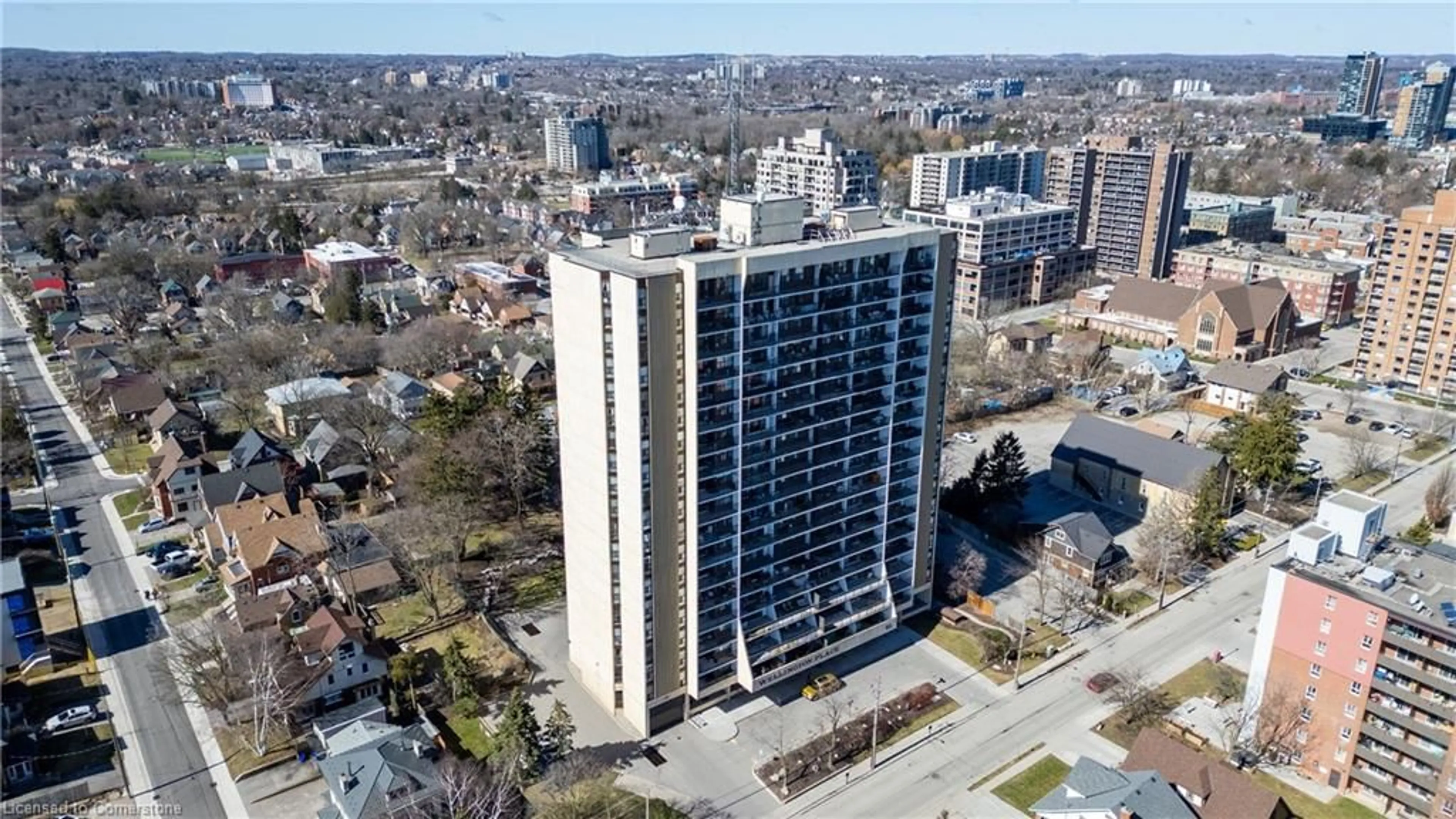A pic from outside/outdoor area/front of a property/back of a property/a pic from drone, city buildings view from balcony for 81 Church St #1504, Kitchener Ontario N2G 4M1