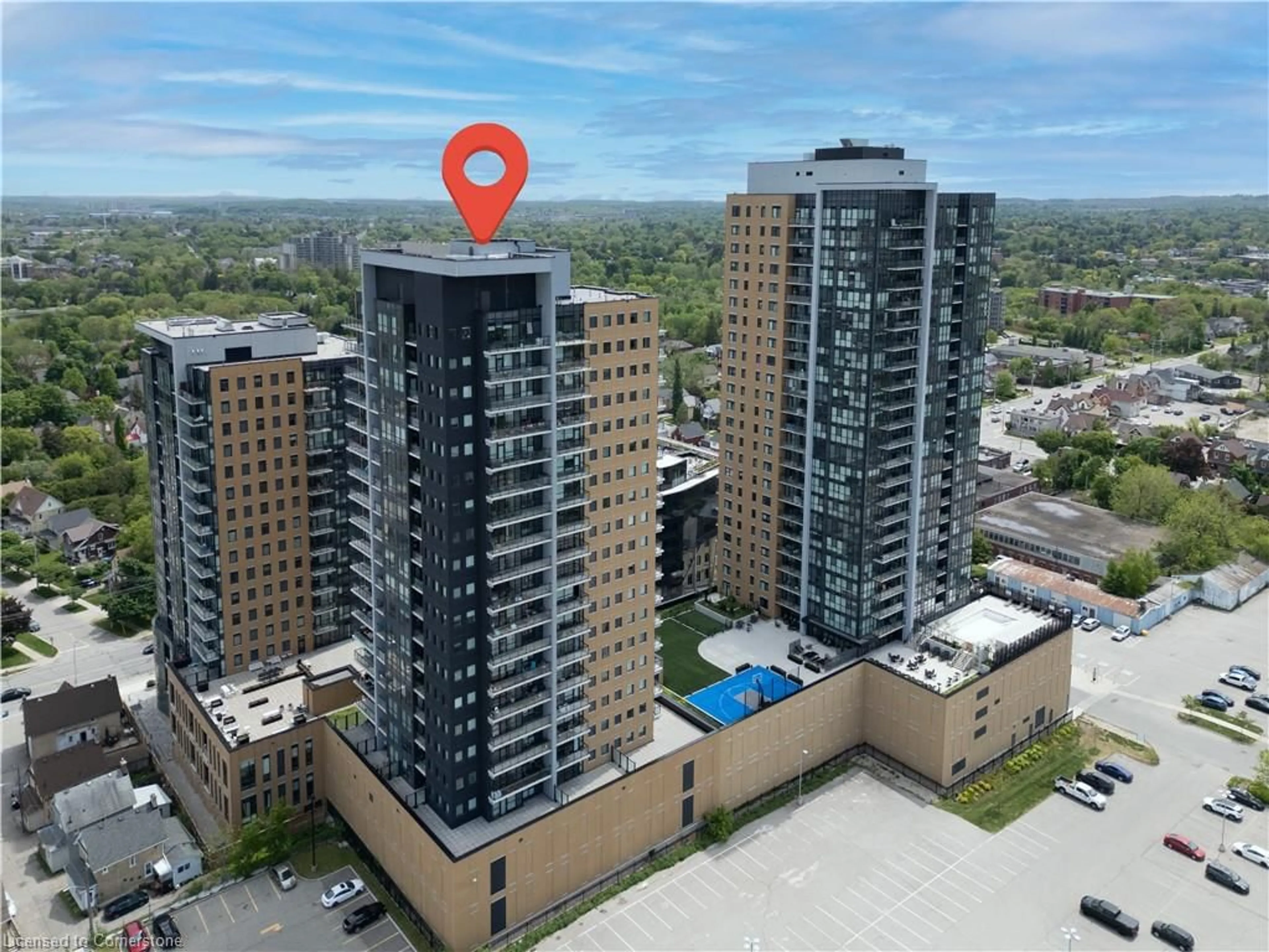A pic from outside/outdoor area/front of a property/back of a property/a pic from drone, city buildings view from balcony for 104 Garment St #1004, Kitchener Ontario N2G 0C8