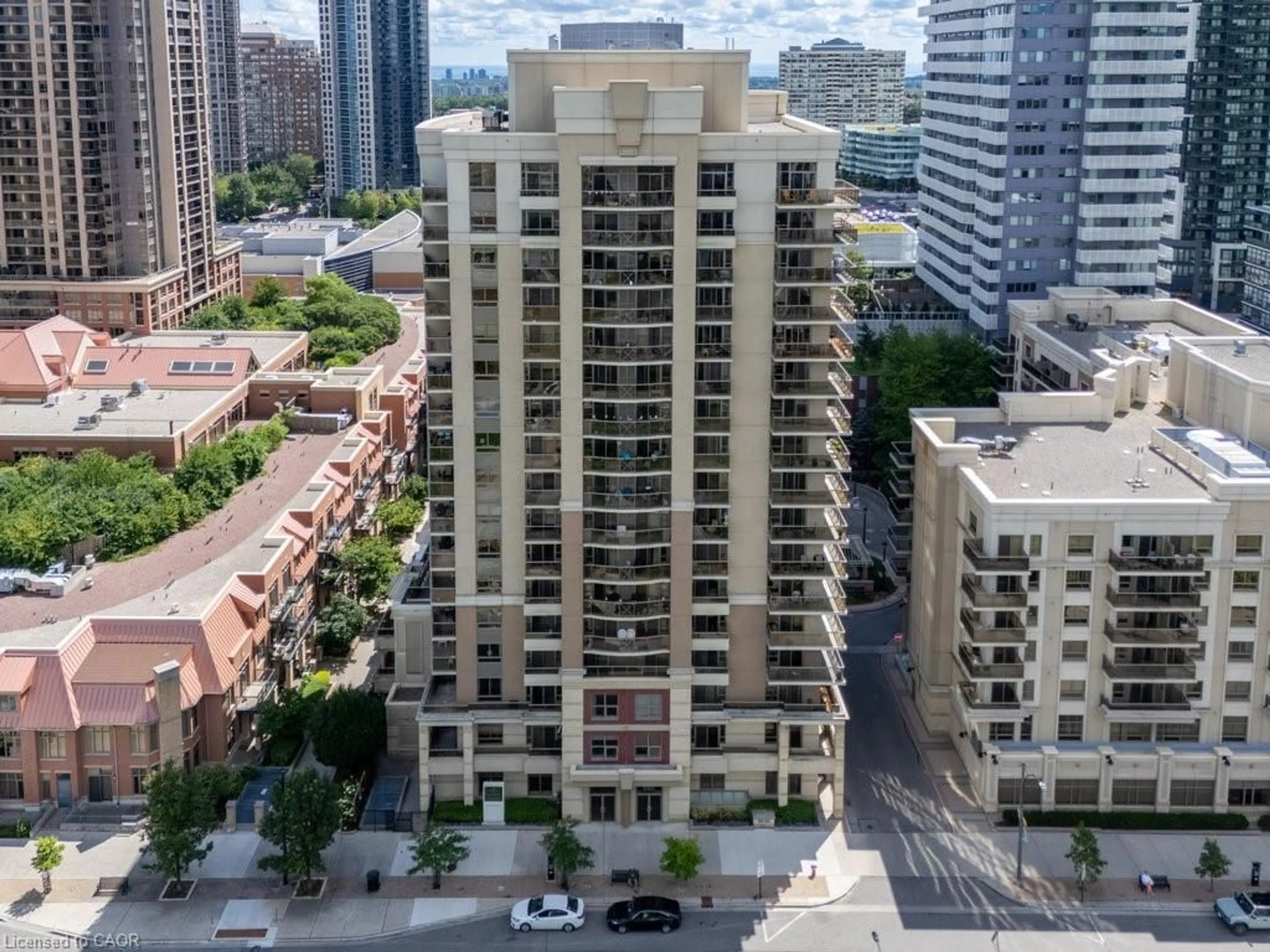 A pic from outside/outdoor area/front of a property/back of a property/a pic from drone, city buildings view from balcony for 350 Princess Royal Dr #608, Mississauga Ontario L5B 4N1
