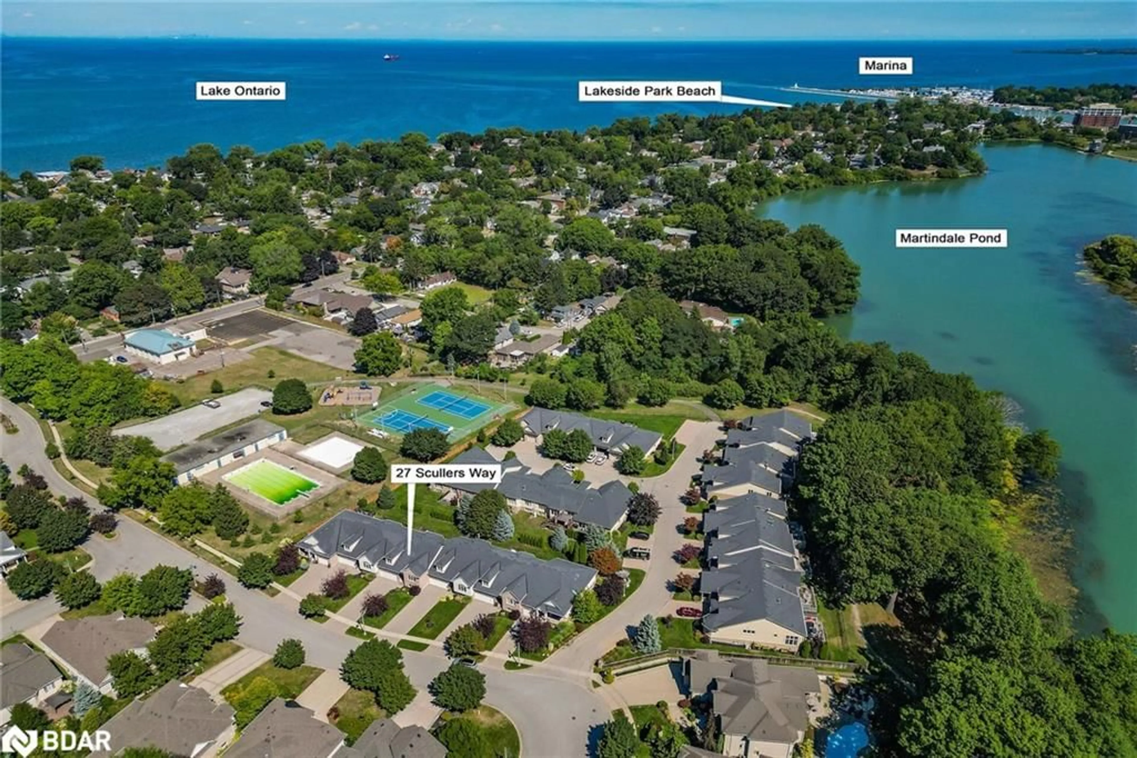 A pic from outside/outdoor area/front of a property/back of a property/a pic from drone, water/lake/river/ocean view for 27 Scullers Way, St. Catharines Ontario L2N 7S9