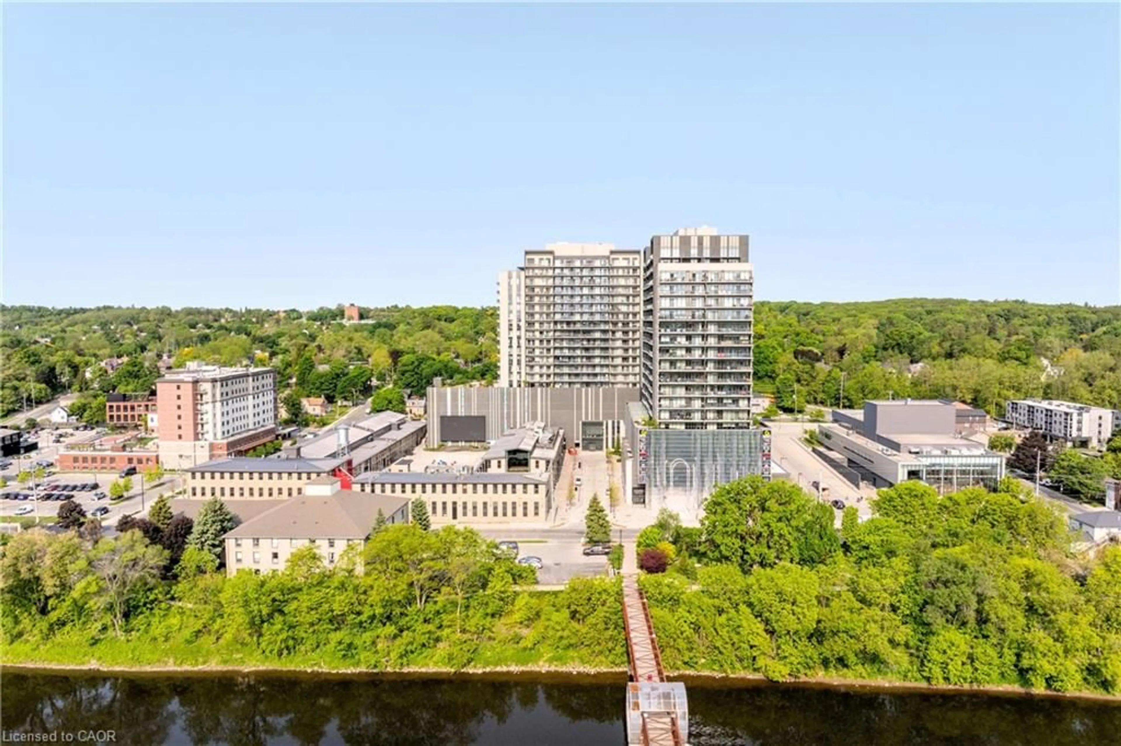 A pic from outside/outdoor area/front of a property/back of a property/a pic from drone, city buildings view from balcony for 15 Glebe St #PH2001, Cambridge Ontario N1S 0C3