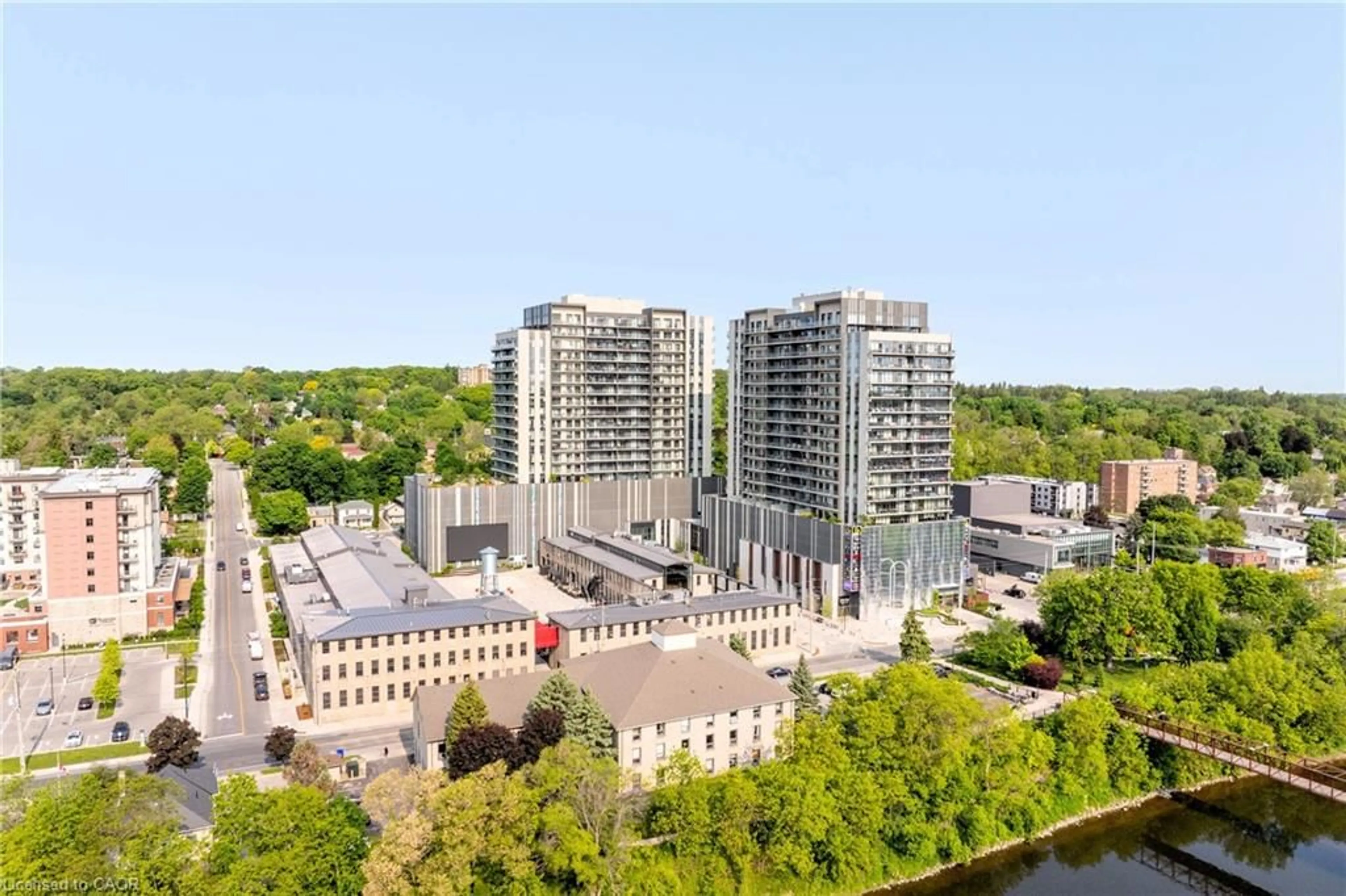 A pic from outside/outdoor area/front of a property/back of a property/a pic from drone, city buildings view from balcony for 15 Glebe St #PH2001, Cambridge Ontario N1S 0C3