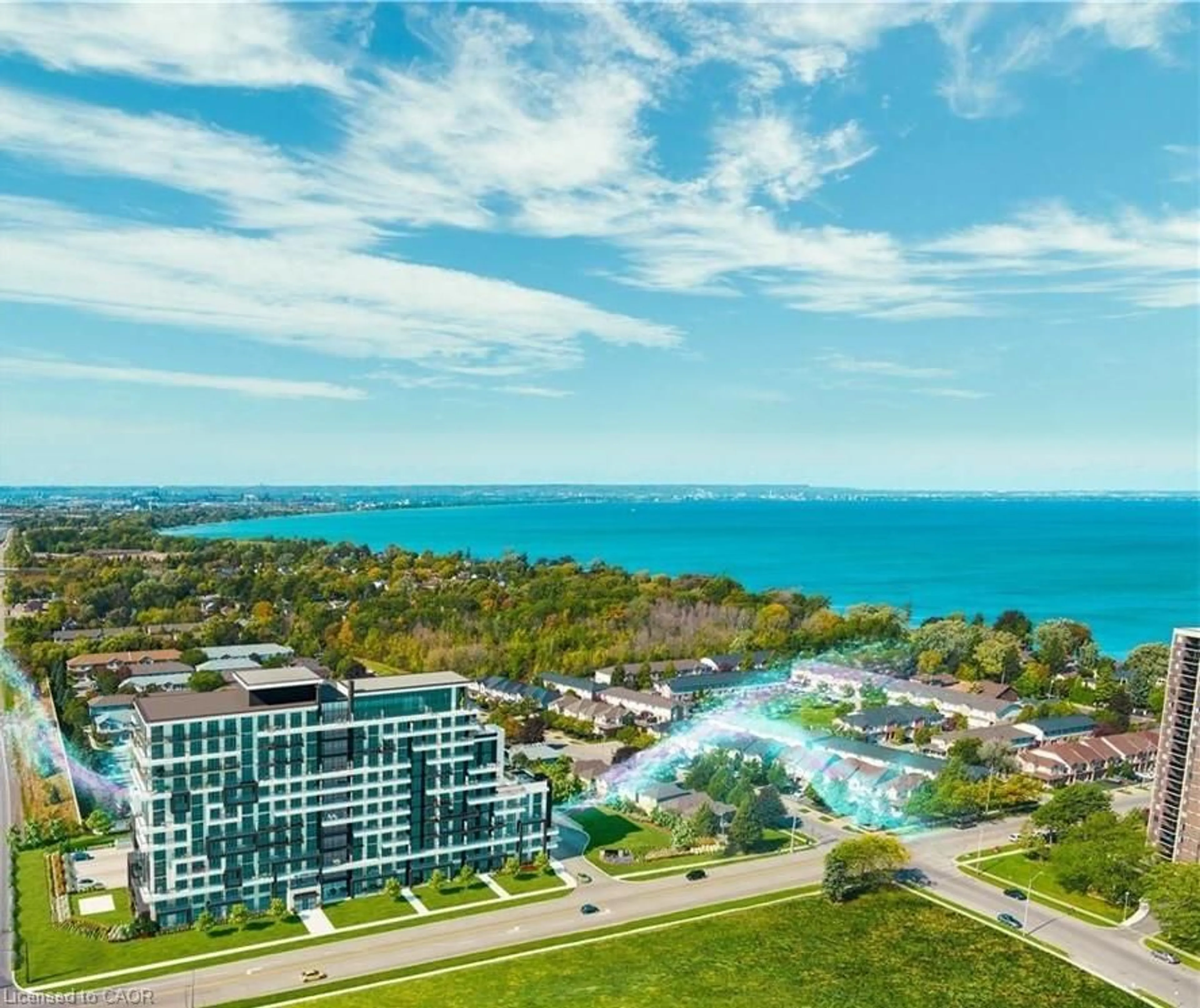 A pic from outside/outdoor area/front of a property/back of a property/a pic from drone, water/lake/river/ocean view for 461 Green Rd #1202, Stoney Creek Ontario L8E 5B4