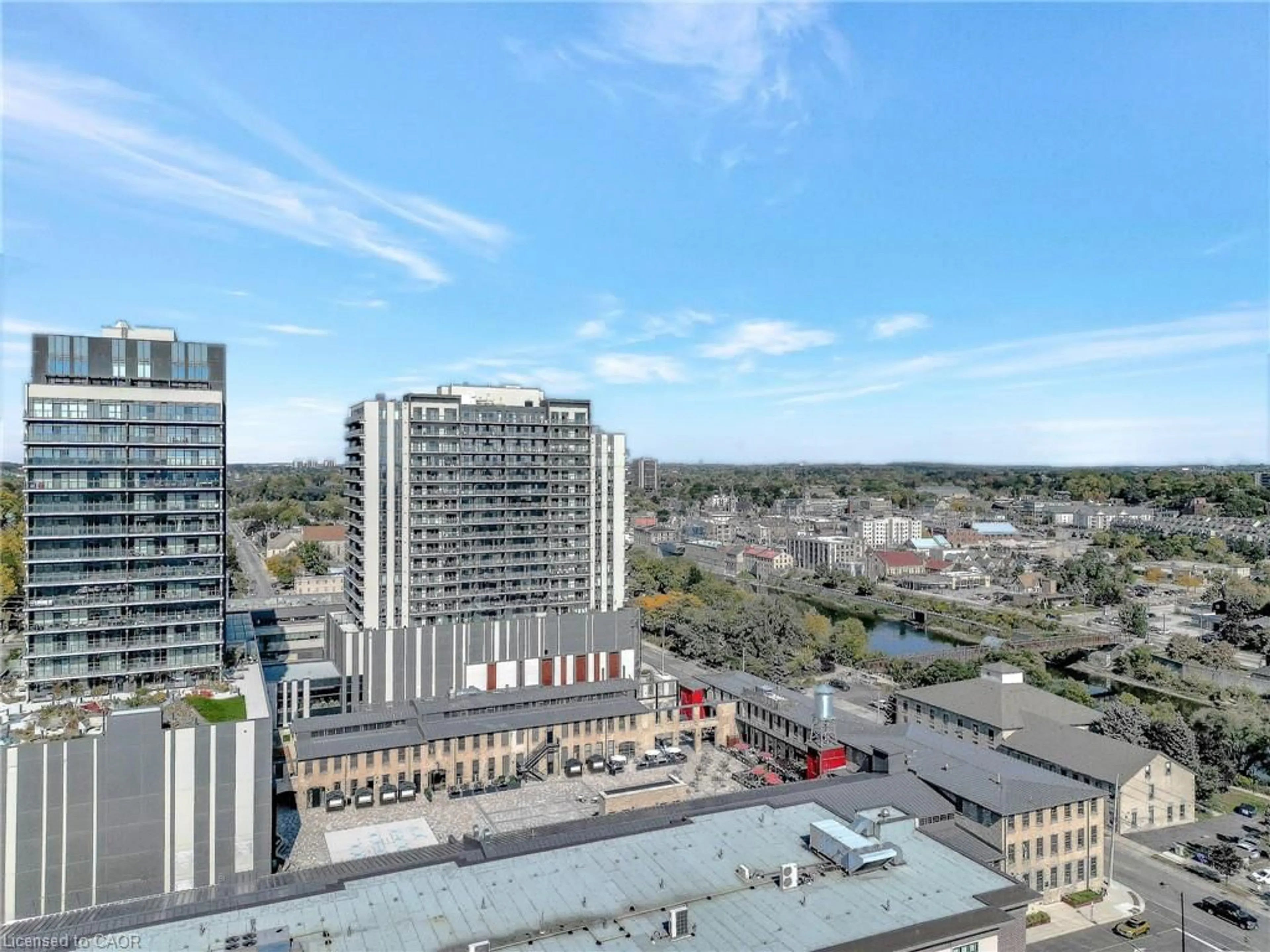 A pic from outside/outdoor area/front of a property/back of a property/a pic from drone, city buildings view from balcony for 50 Grand Ave #801, Cambridge Ontario N1S 0C2