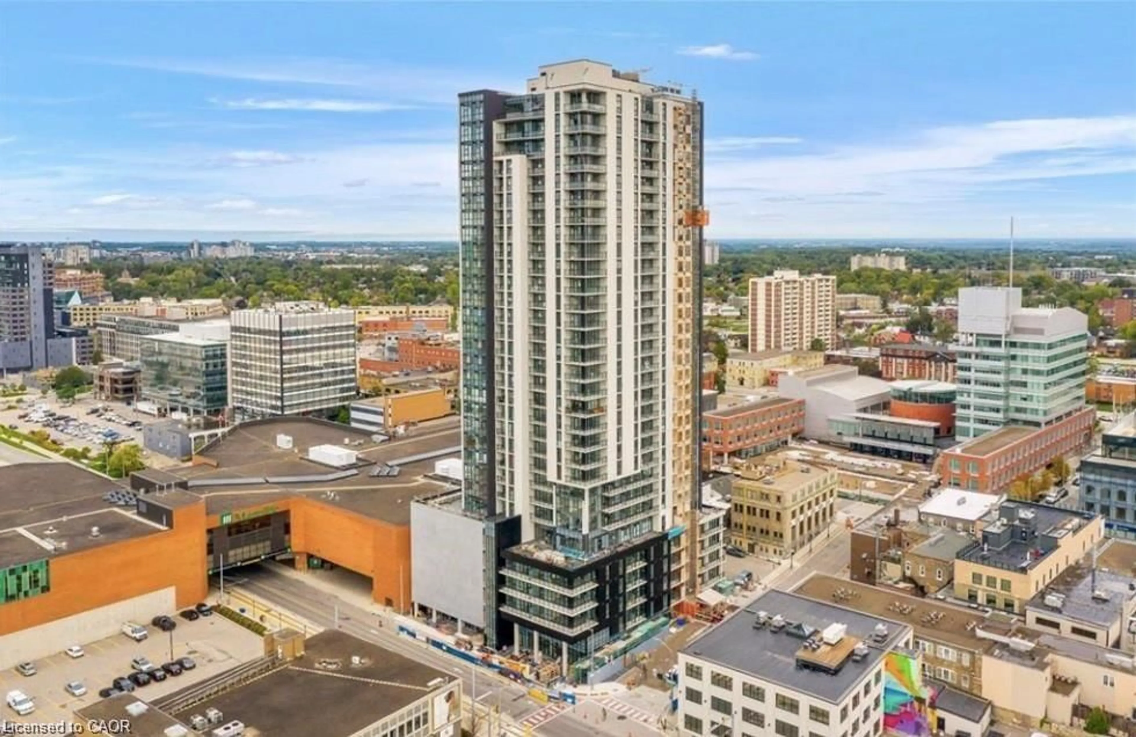 A pic from outside/outdoor area/front of a property/back of a property/a pic from drone, city buildings view from balcony for 60 Charles St #2405, Kitchener Ontario N2G 1Y6