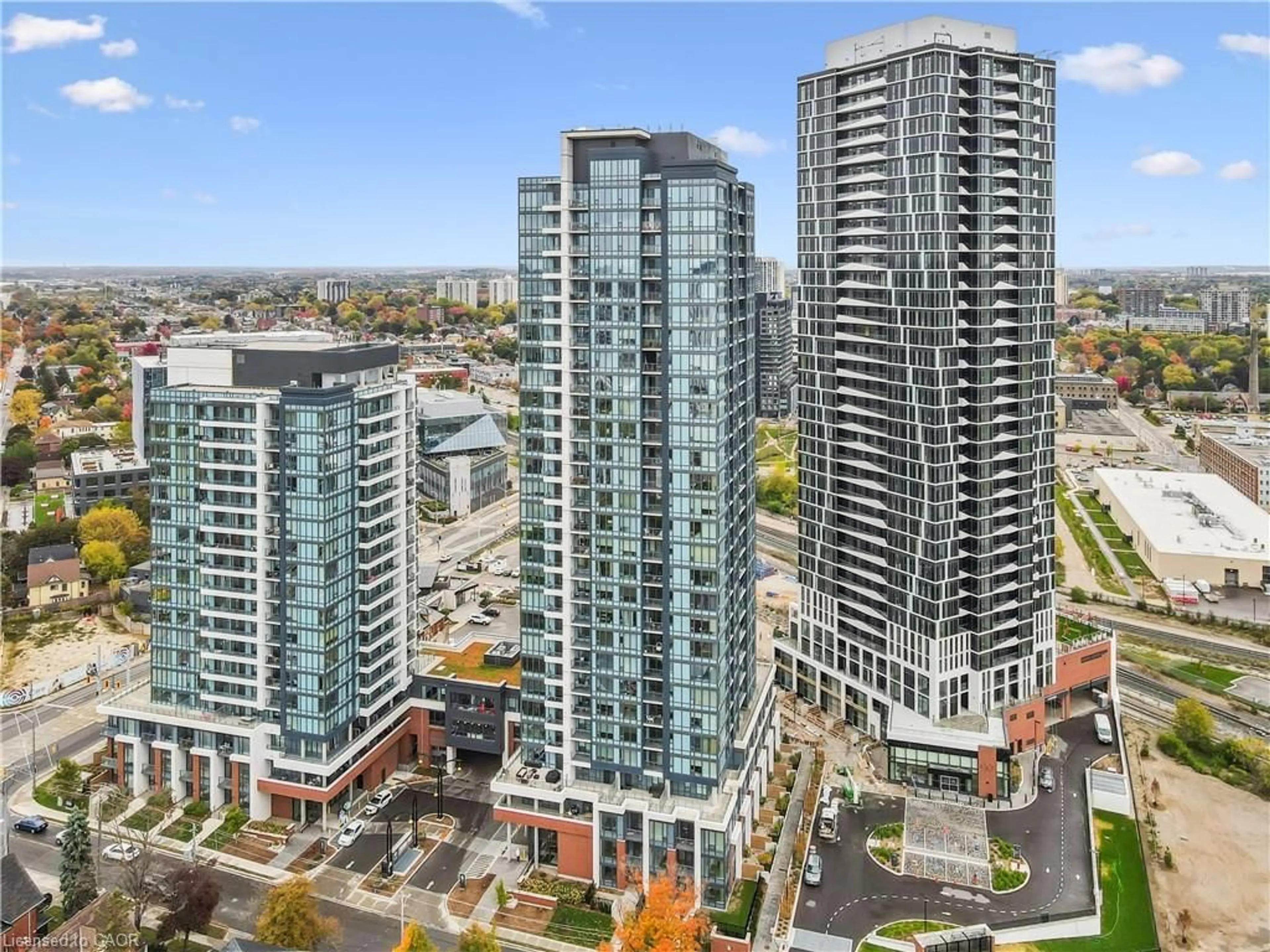 A pic from outside/outdoor area/front of a property/back of a property/a pic from drone, city buildings view from balcony for 15 Wellington St #909, Kitchener Ontario N2G 0E4
