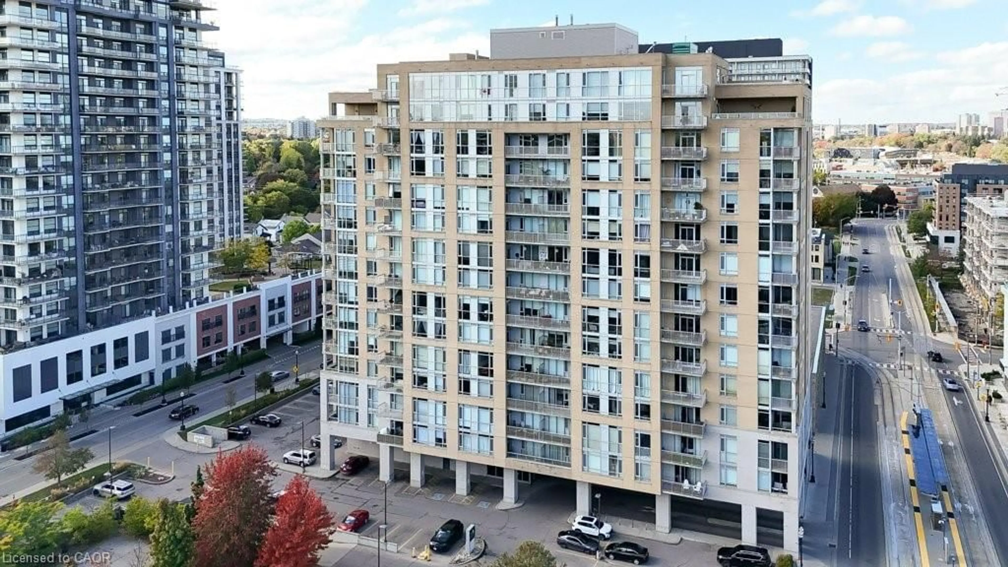 A pic from outside/outdoor area/front of a property/back of a property/a pic from drone, city buildings view from balcony for 191 King St #508, Waterloo Ontario N2J 1R1