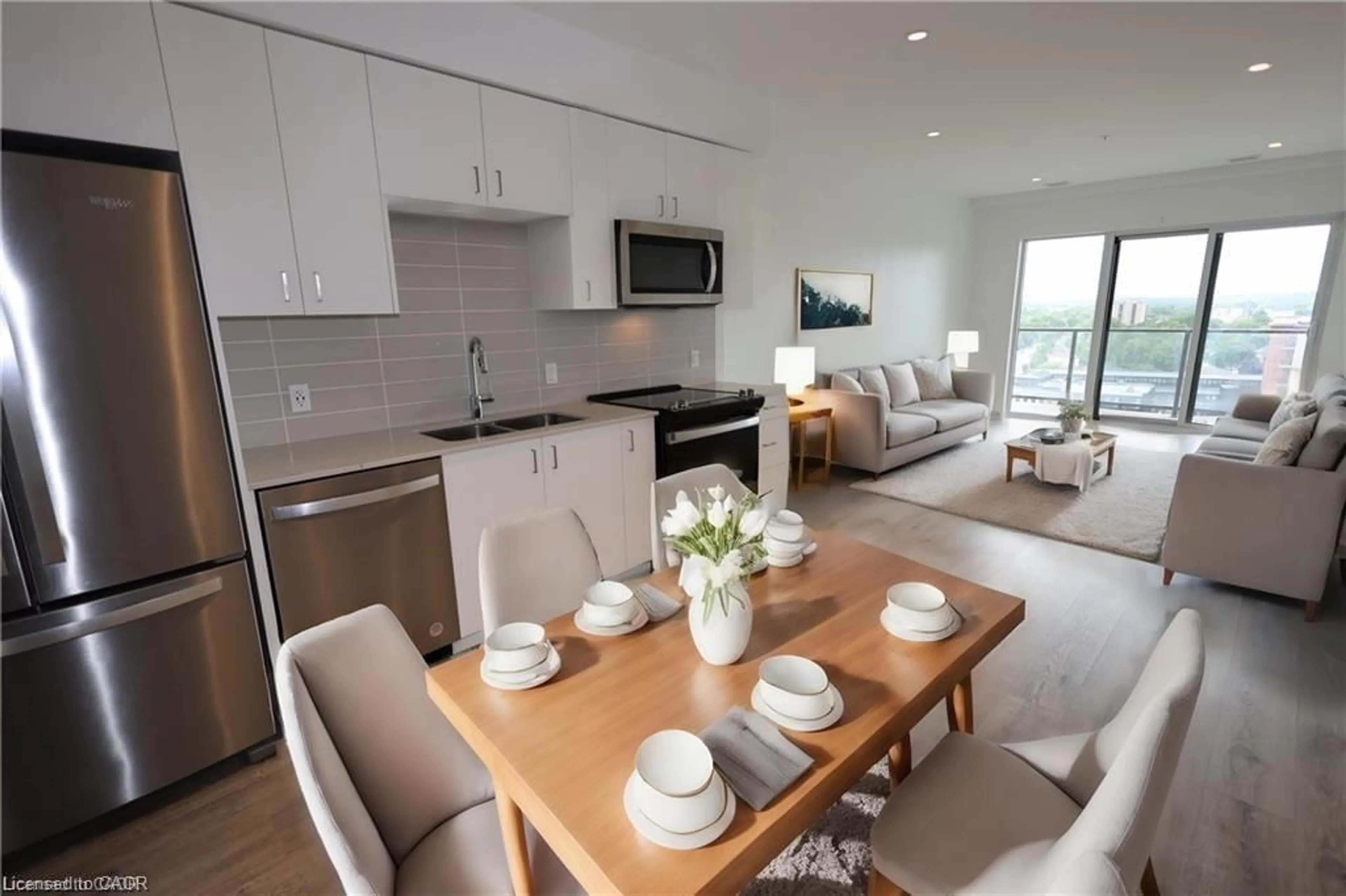 Open concept kitchen, wood/laminate floor for 50 Grand Ave #1004, Cambridge Ontario N1S 0C2