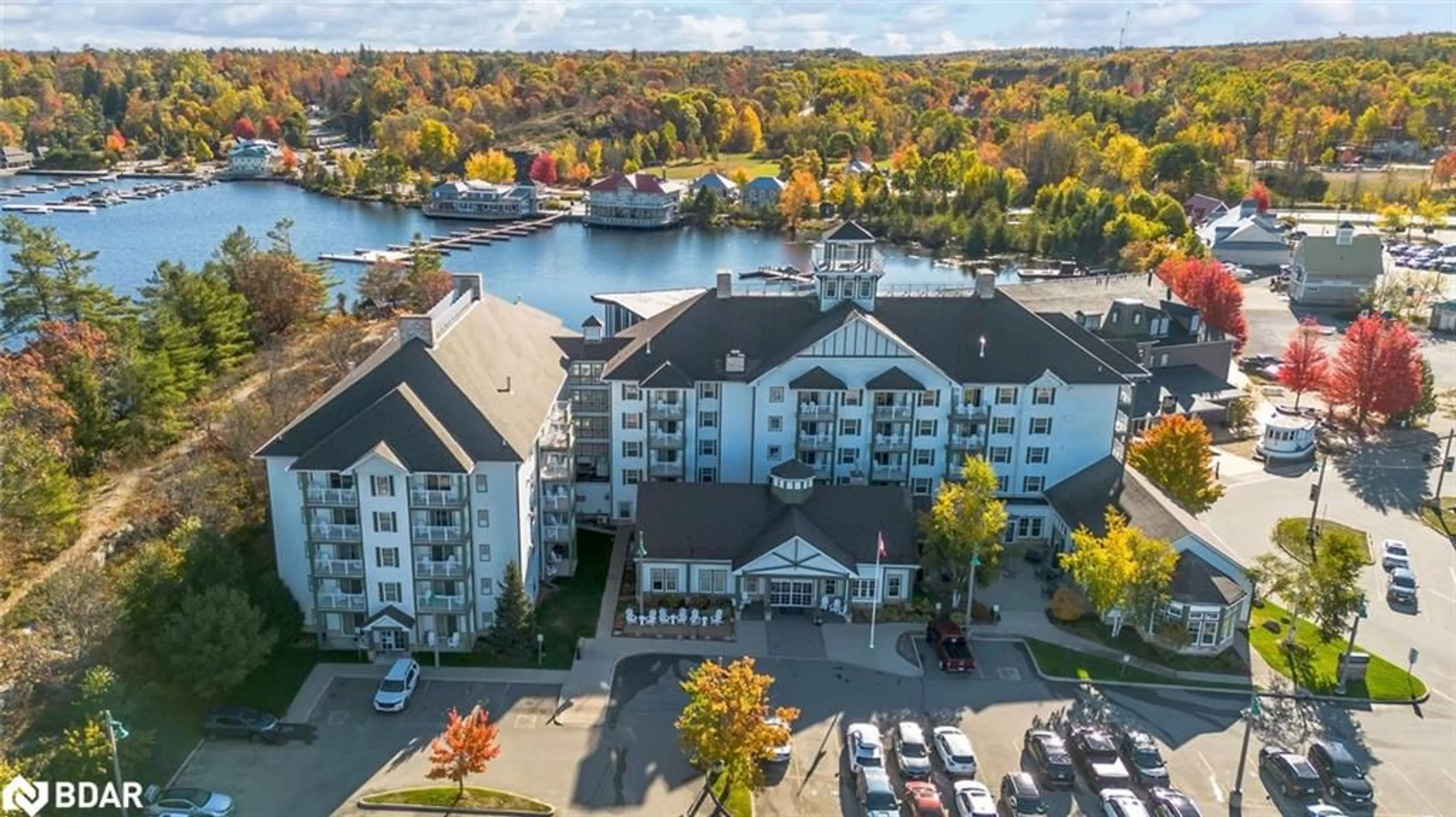 A pic from outside/outdoor area/front of a property/back of a property/a pic from drone, water/lake/river/ocean view for 285 Steamship Bay Road #410, Gravenhurst Ontario P1P 1Z9