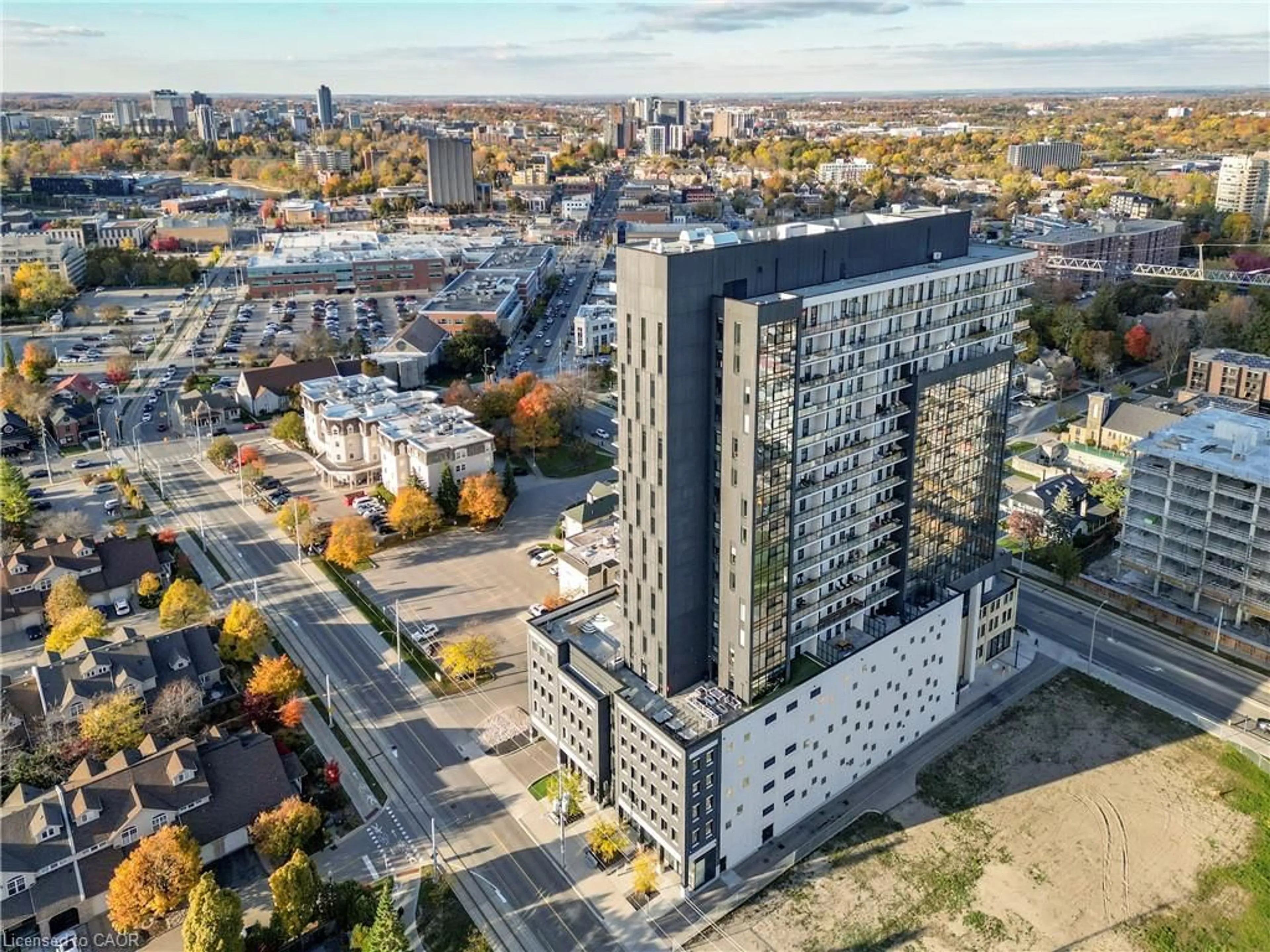 A pic from outside/outdoor area/front of a property/back of a property/a pic from drone, city buildings view from balcony for 181 King St #614, Waterloo Ontario N2J 0E7
