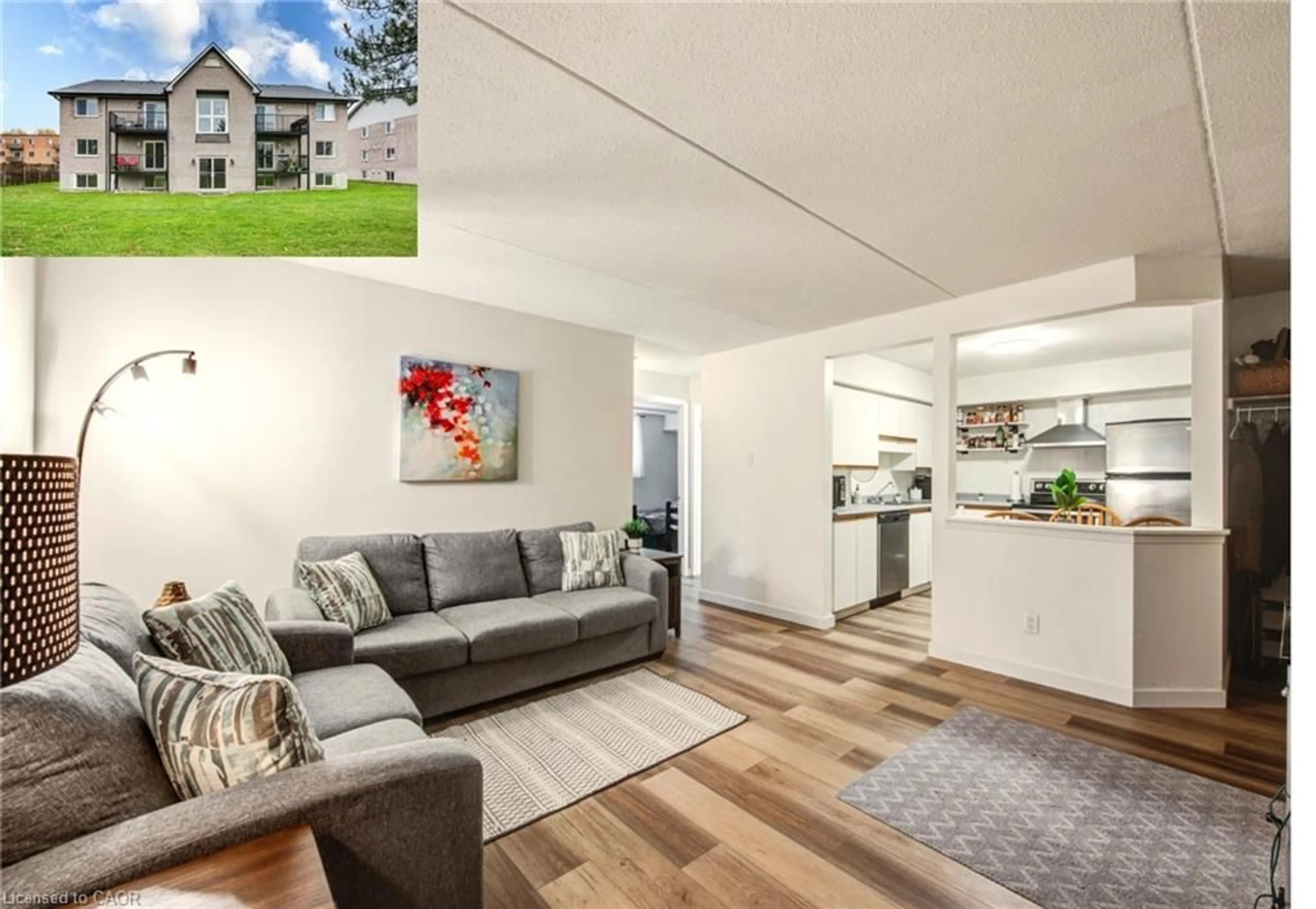 Living room with furniture, wood/laminate floor for 50 Campbell Crt #304, Stratford Ontario N5A 7T6