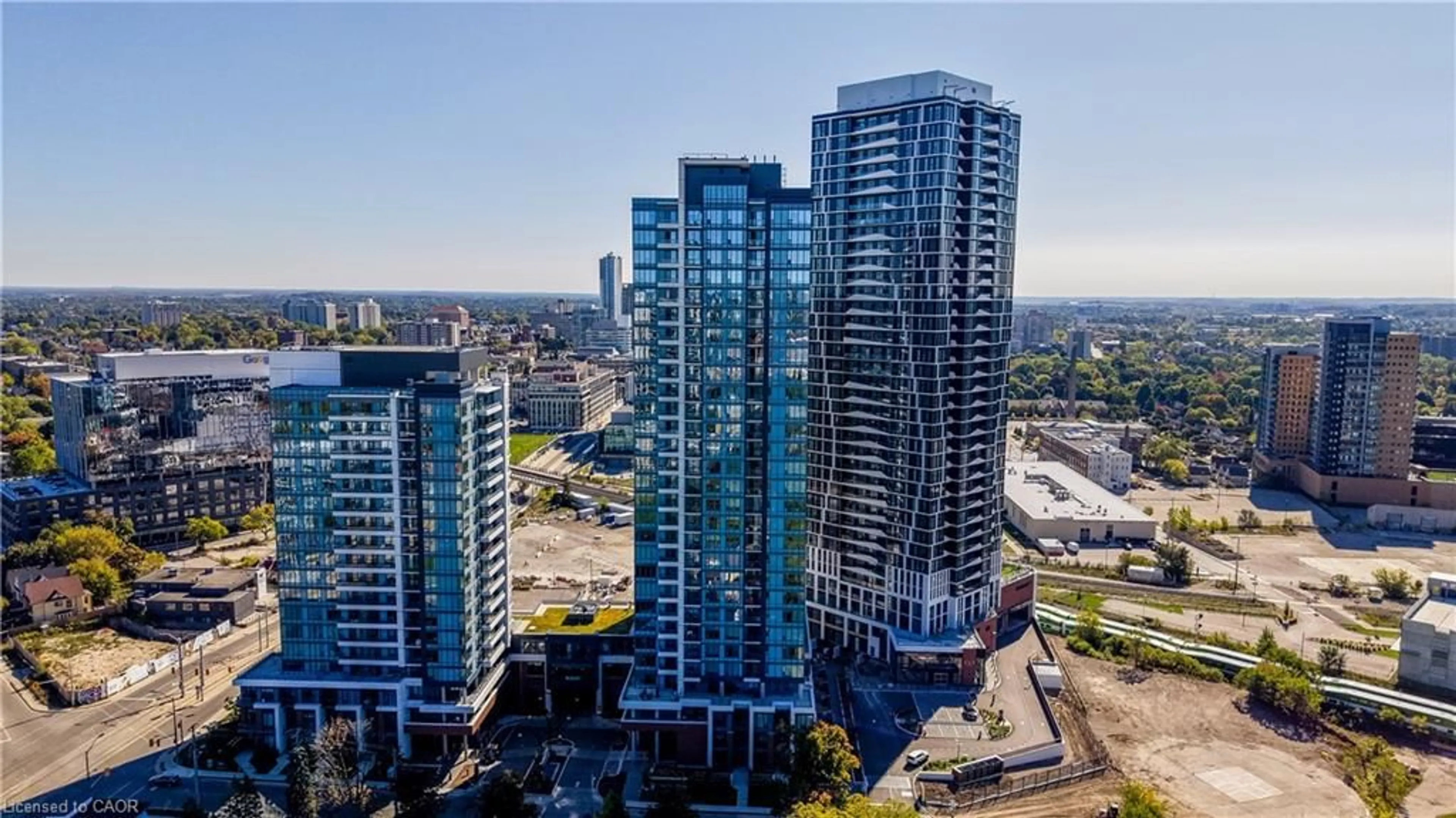 A pic from outside/outdoor area/front of a property/back of a property/a pic from drone, city buildings view from balcony for 15 Wellington St #2302, Kitchener Ontario N2G 0E4