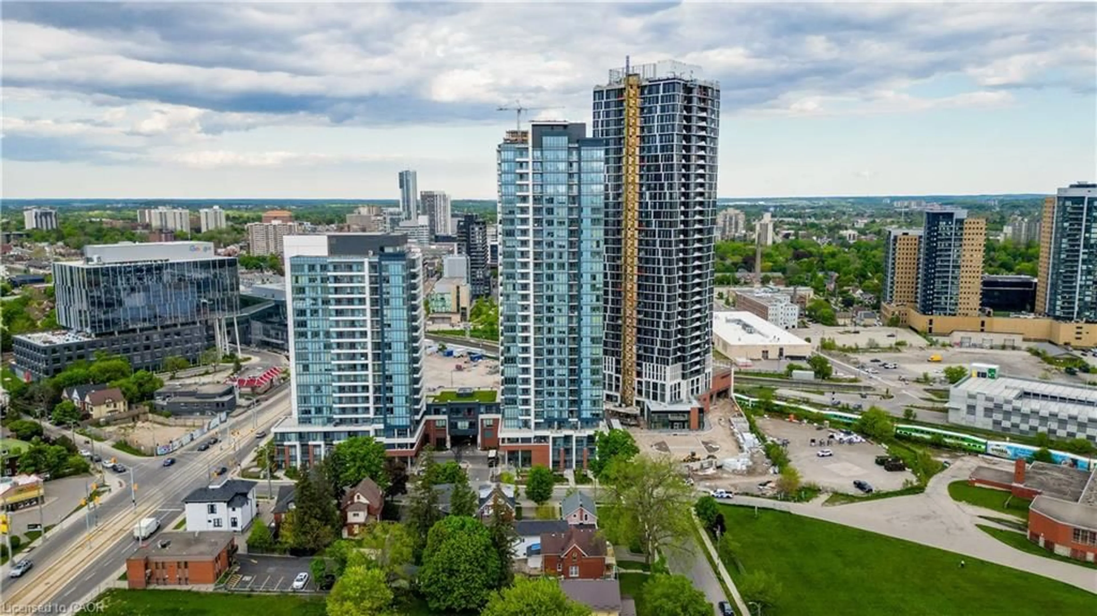 A pic from outside/outdoor area/front of a property/back of a property/a pic from drone, city buildings view from balcony for 15 Wellington St #2302, Kitchener Ontario N2G 0E4
