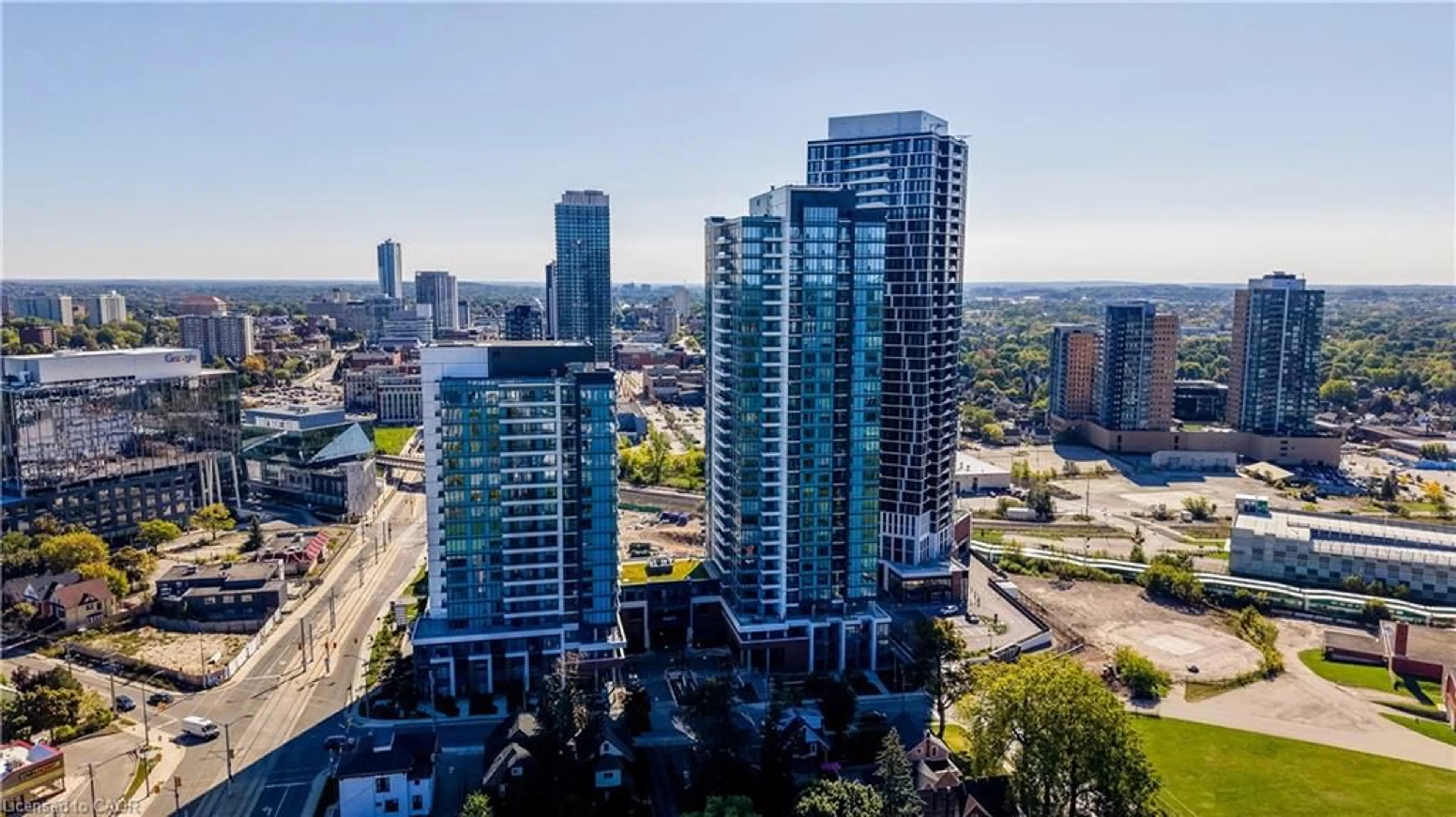 A pic from outside/outdoor area/front of a property/back of a property/a pic from drone, city buildings view from balcony for 15 Wellington St #2302, Kitchener Ontario N2G 0E4