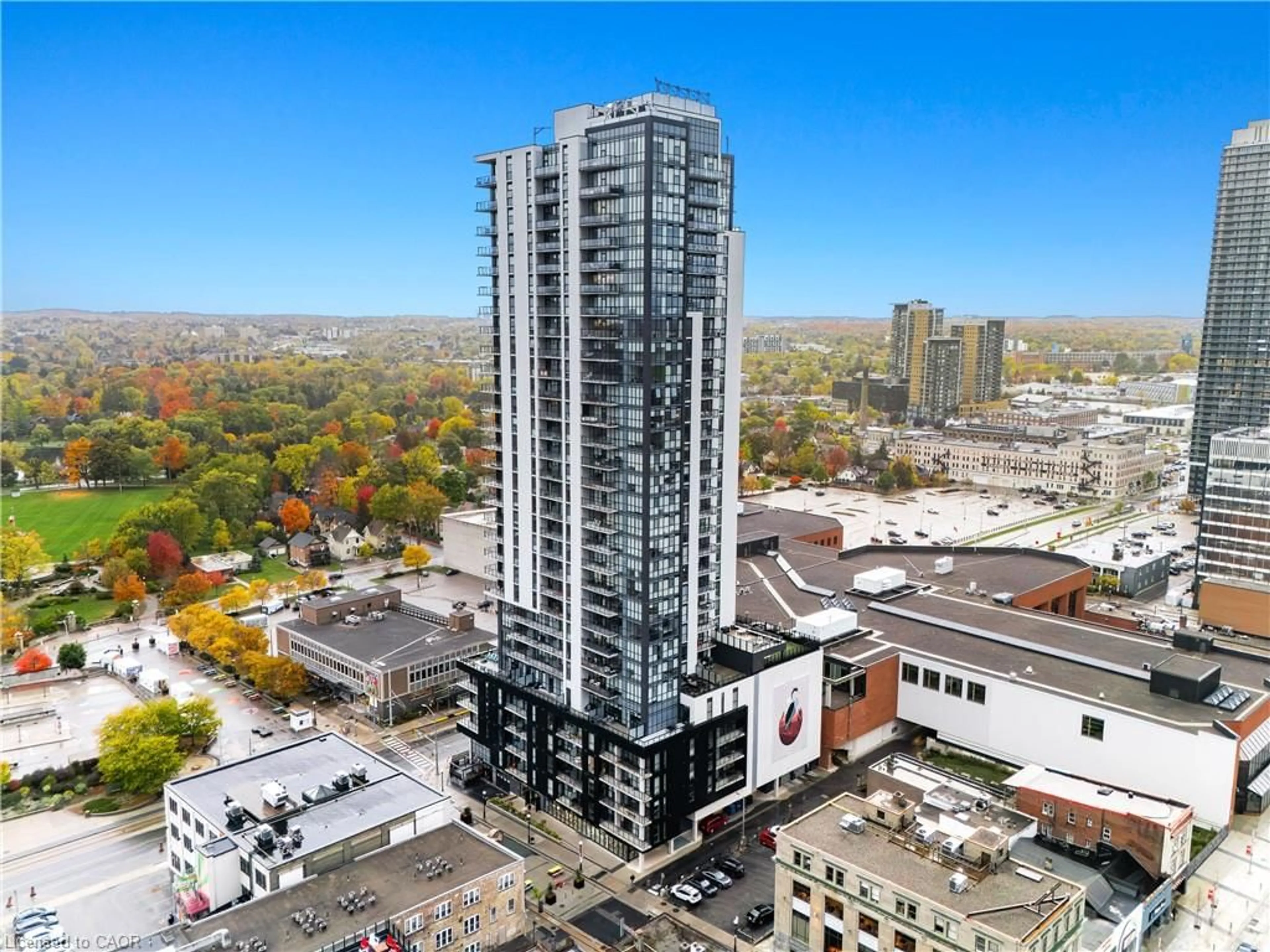 A pic from outside/outdoor area/front of a property/back of a property/a pic from drone, city buildings view from balcony for 60 Charles St #2407, Kitchener Ontario N2G 0C9