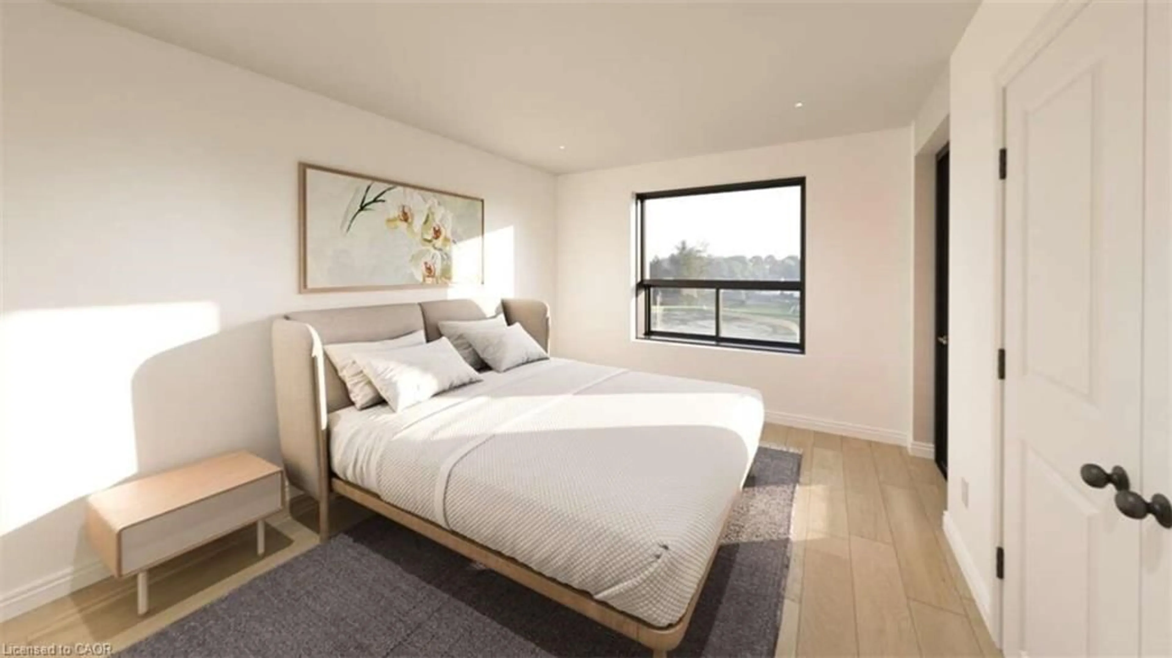 Bedroom with bed, wood/laminate floor for 20 Green Arbour Way #102, Lindsay Ontario K9V 0E6