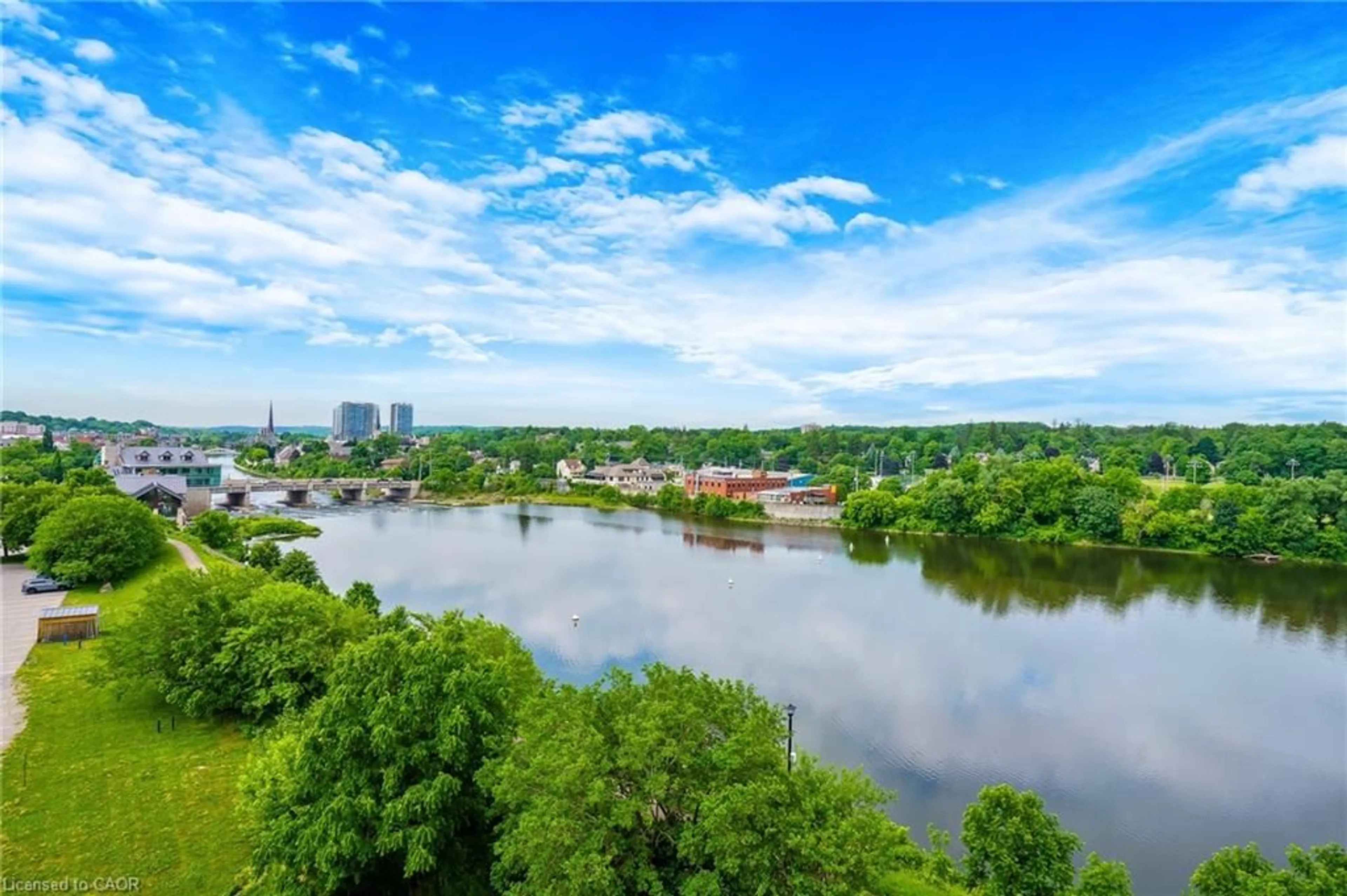 A pic from outside/outdoor area/front of a property/back of a property/a pic from drone, water/lake/river/ocean view for 150 Water St #507, Cambridge Ontario N1R 0B5