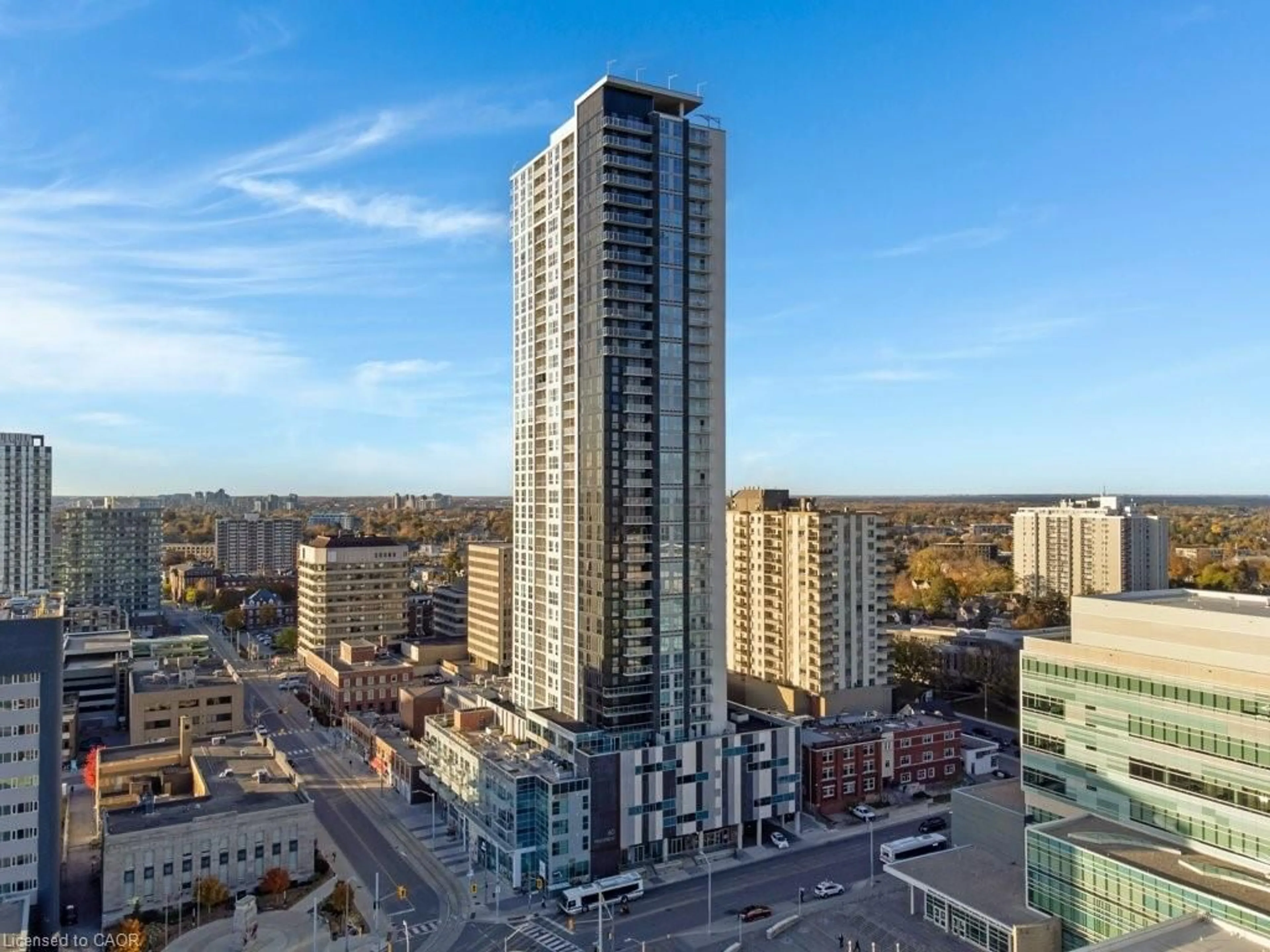 A pic from outside/outdoor area/front of a property/back of a property/a pic from drone, city buildings view from balcony for 60 Frederick St #3313, Kitchener Ontario N2H 0C7