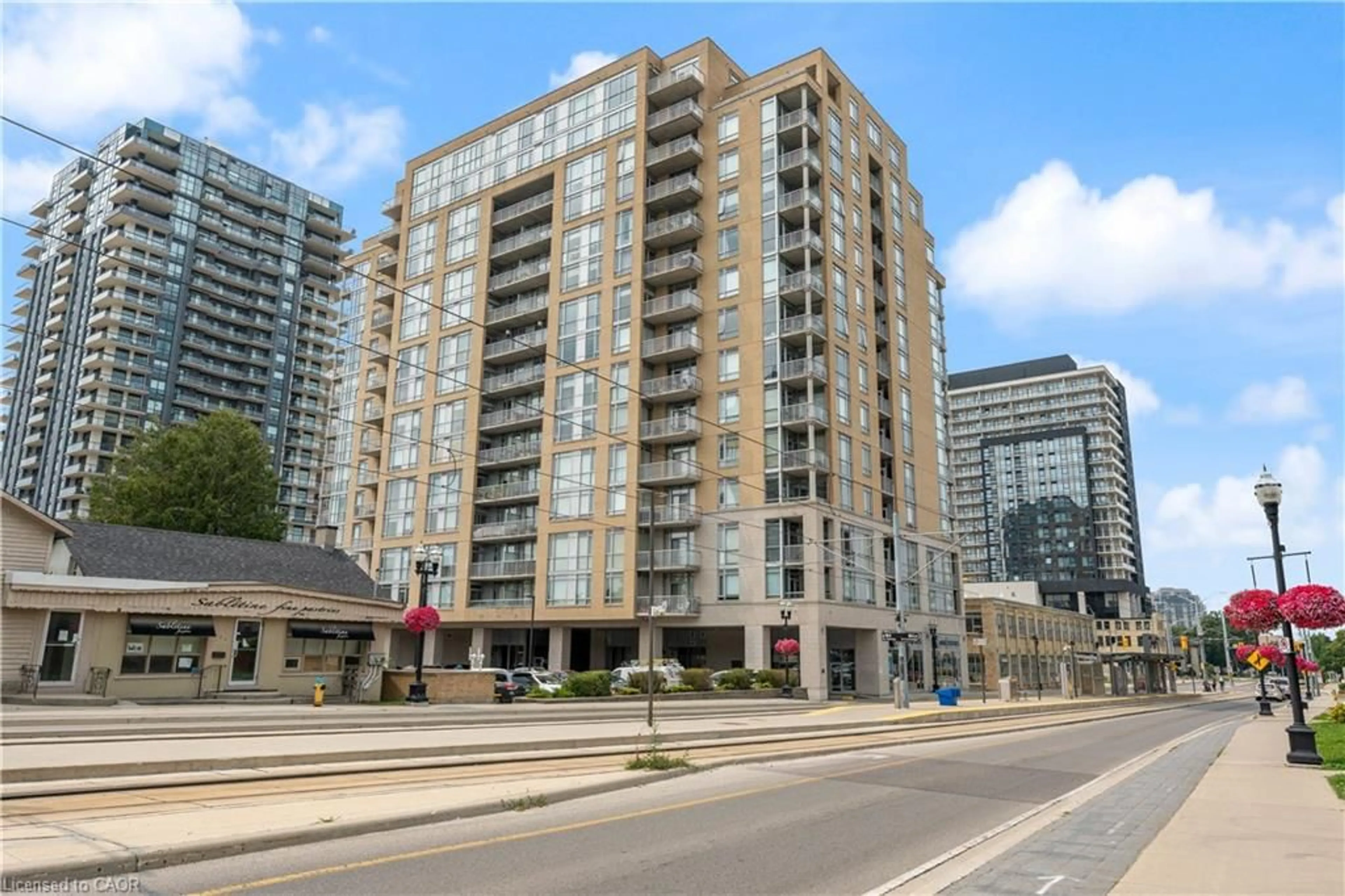 Patio, city buildings view from balcony for 191 King St #906, Waterloo Ontario N2J 1R1