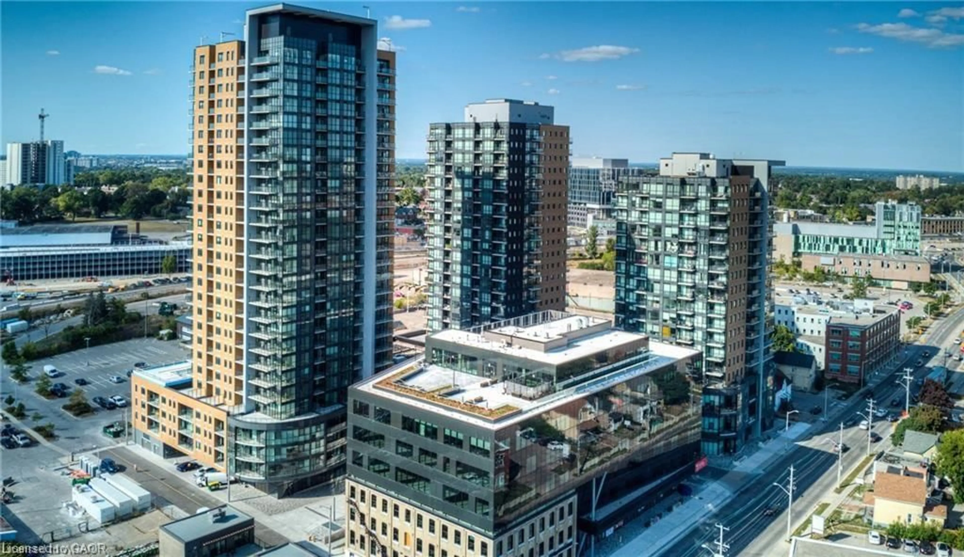 A pic from outside/outdoor area/front of a property/back of a property/a pic from drone, city buildings view from balcony for 108 Garment St #605, Kitchener Ontario N2G 0E2