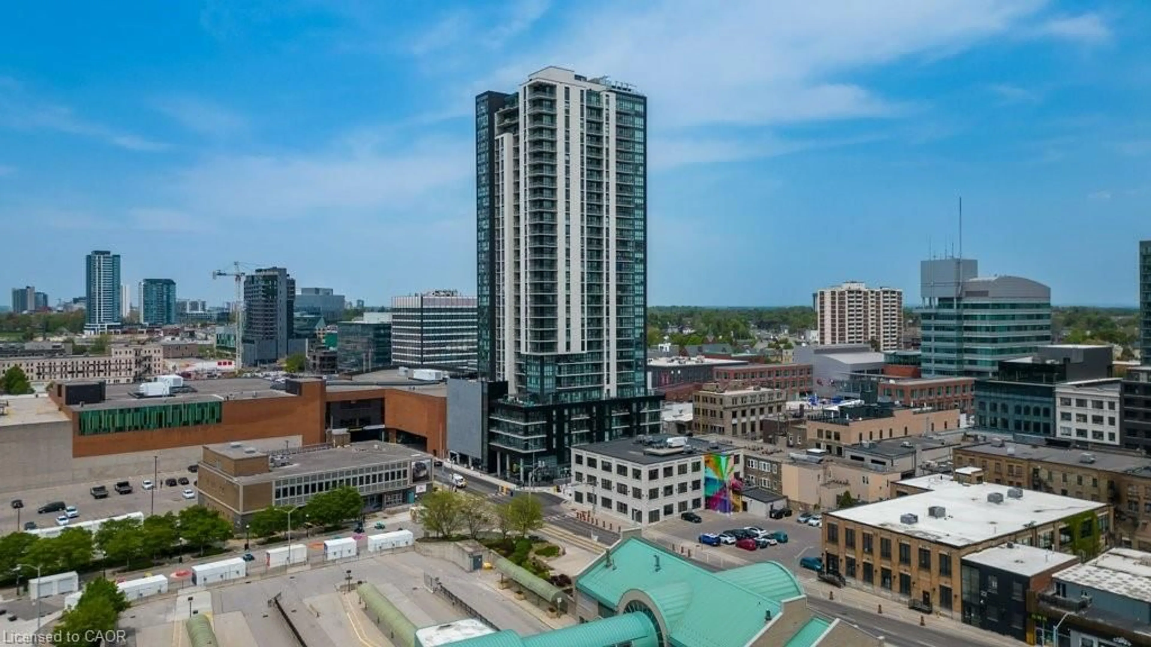 A pic from outside/outdoor area/front of a property/back of a property/a pic from drone, city buildings view from balcony for 60 Charles St #2210, Kitchener Ontario N2G 0C9