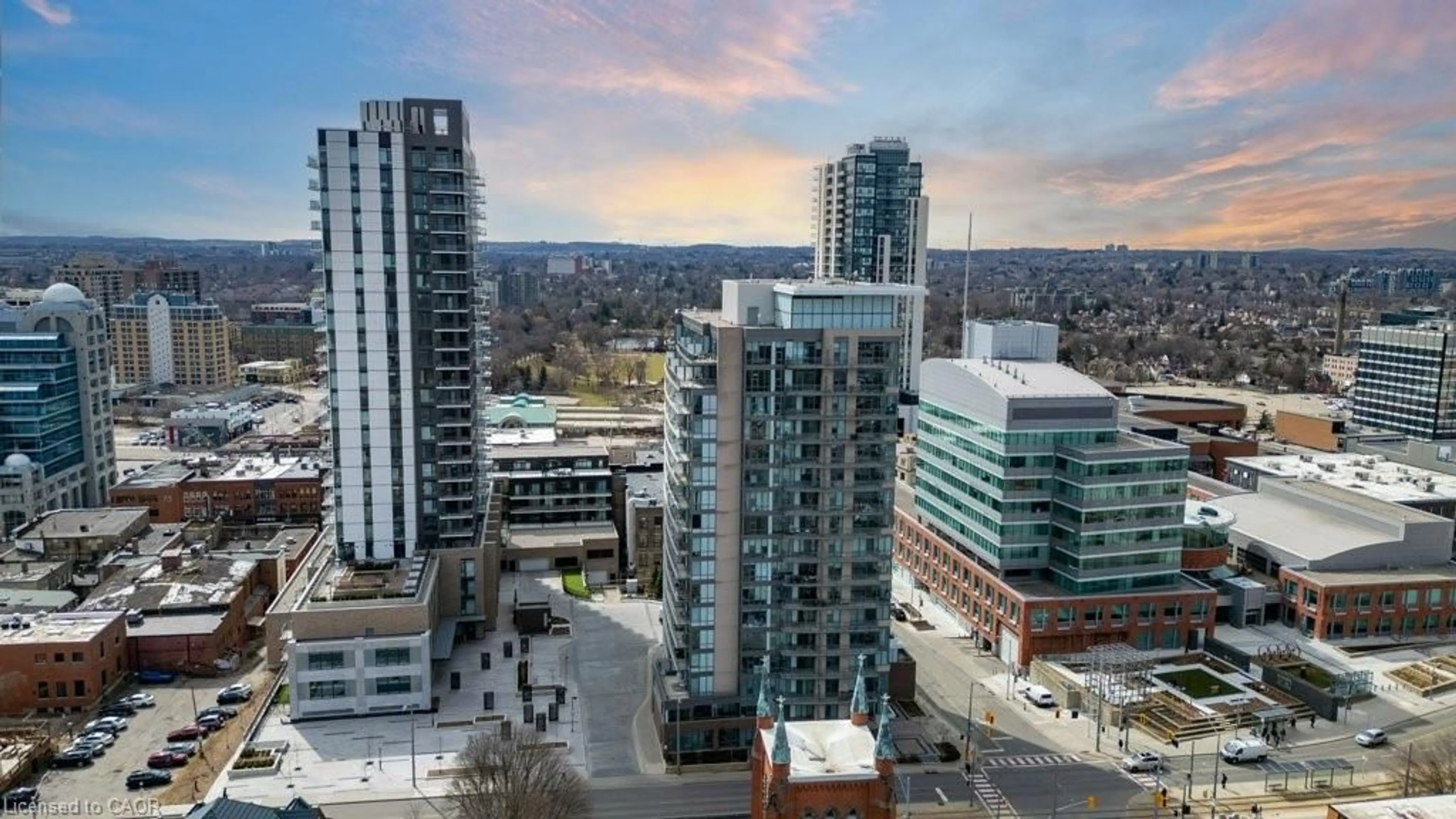 A pic from outside/outdoor area/front of a property/back of a property/a pic from drone, city buildings view from balcony for 85 Duke St #1007, Kitchener Ontario N2G 1A6