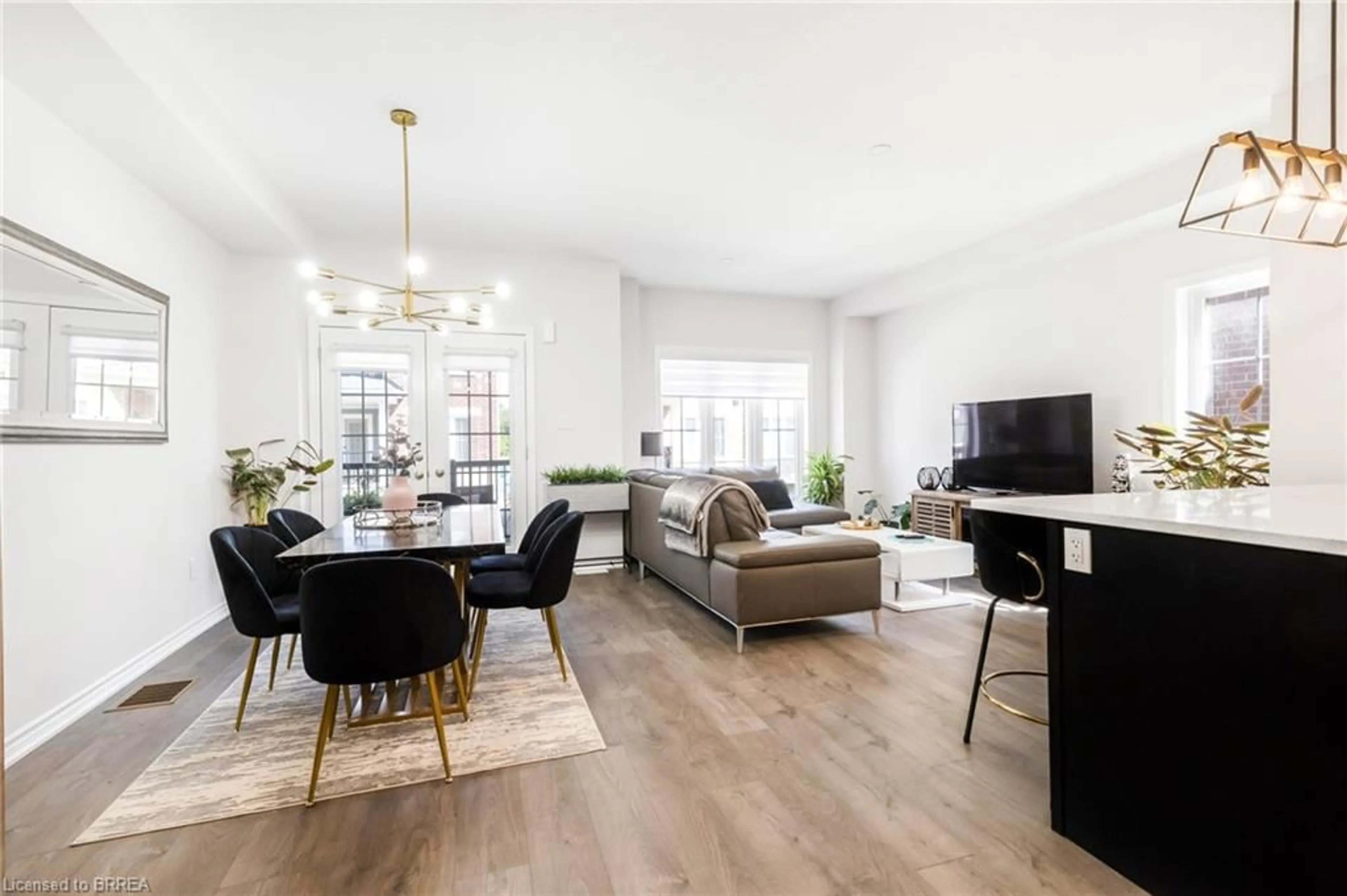 Living room with furniture, wood/laminate floor for 677 Park Rd #150, Brantford Ontario N3R 0C2