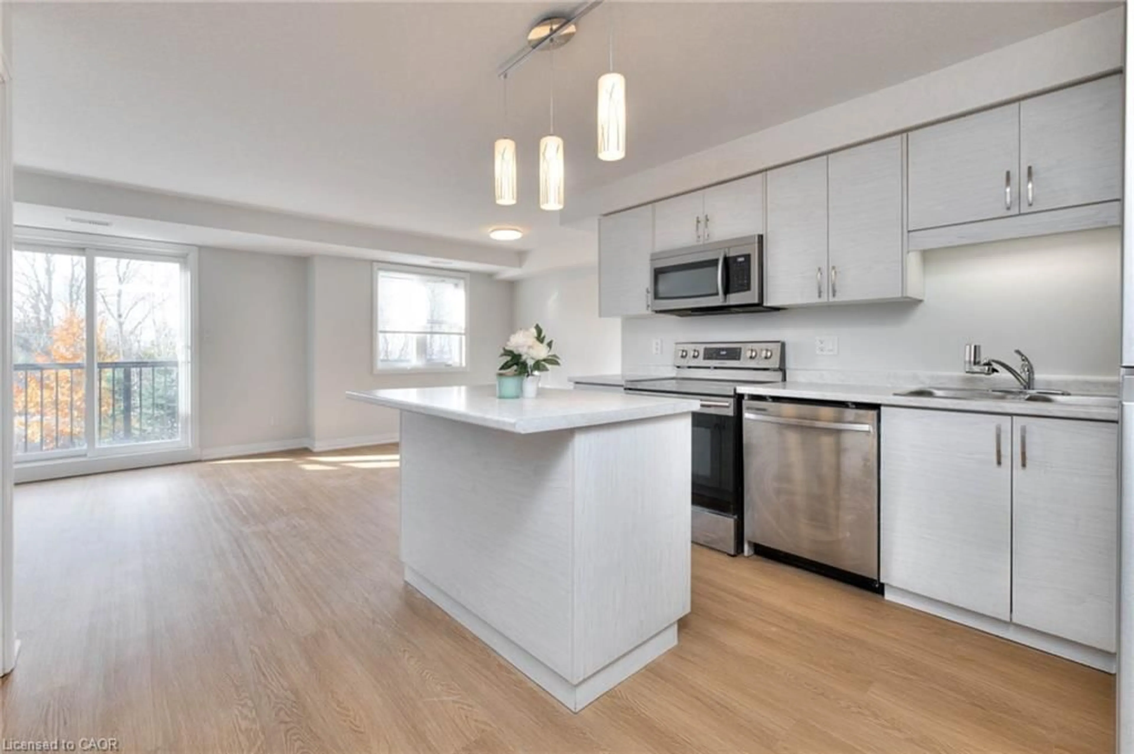 Open concept kitchen, wood/laminate floor for 1989 Ottawa St #64D, Kitchener Ontario N2E 0G7