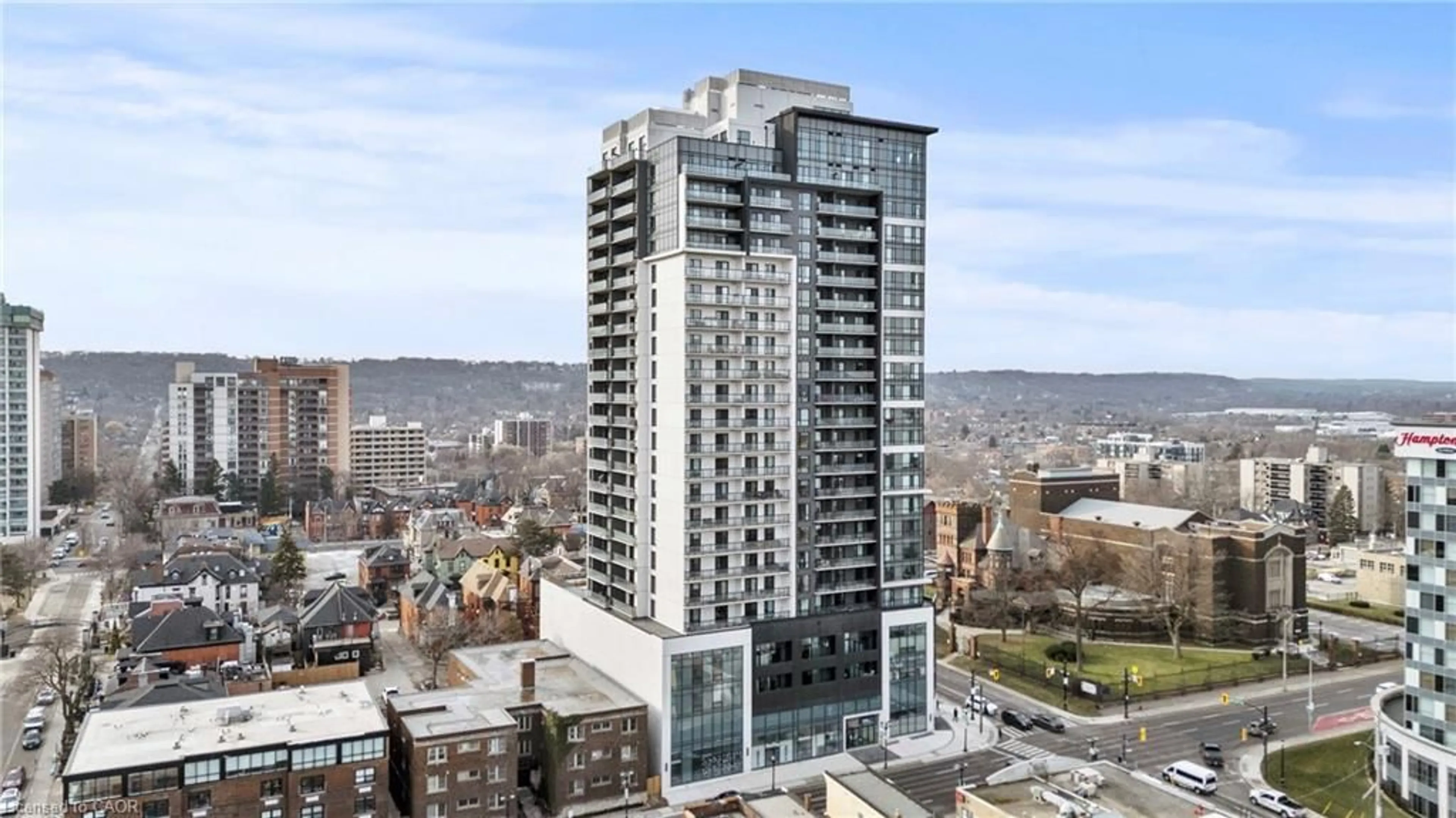 A pic from outside/outdoor area/front of a property/back of a property/a pic from drone, city buildings view from balcony for 15 Queen St #1306, Hamilton Ontario L8P 3R6