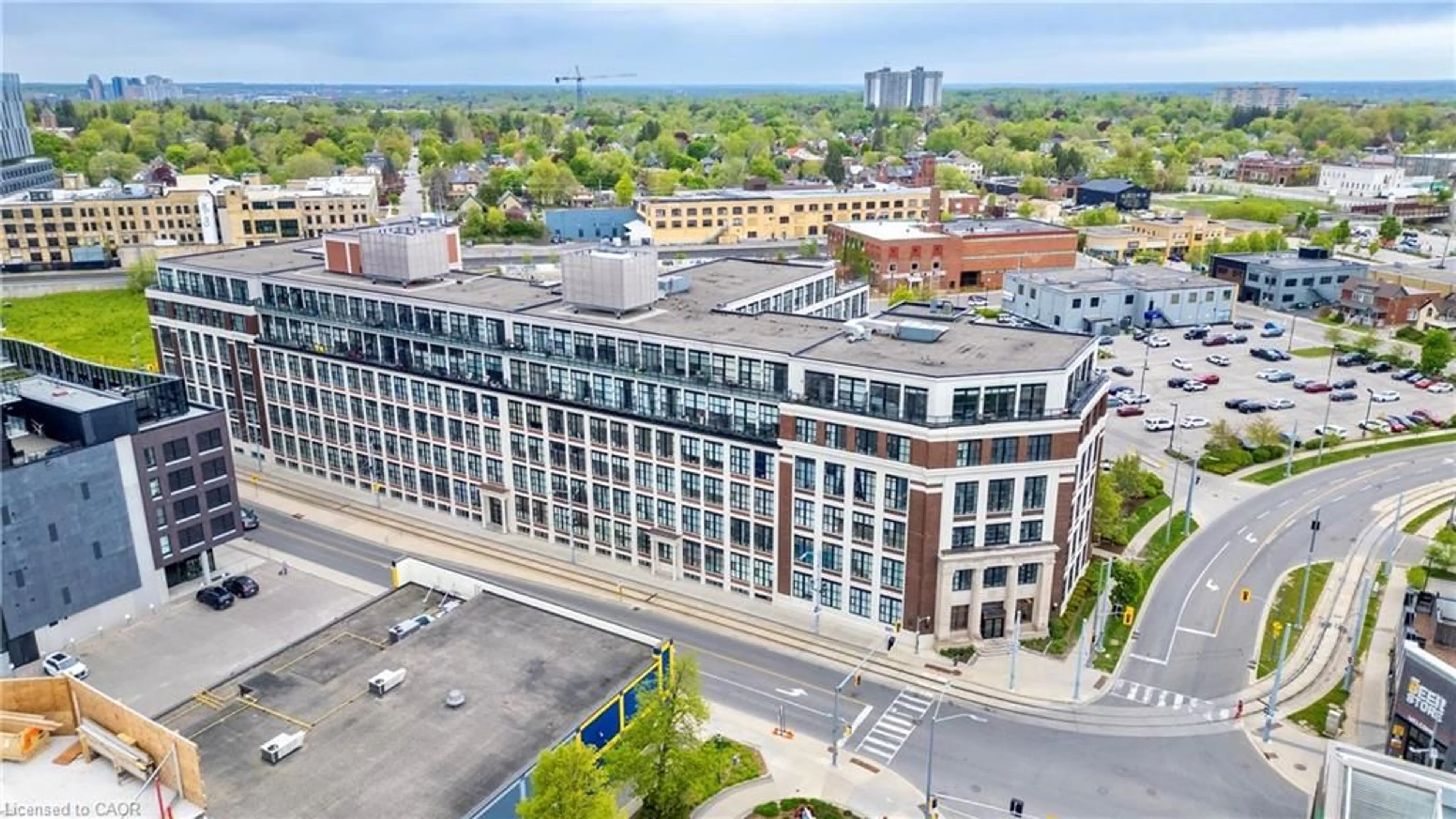 A pic from outside/outdoor area/front of a property/back of a property/a pic from drone, city buildings view from balcony for 410 King St #126, Kitchener Ontario N2G 1C3