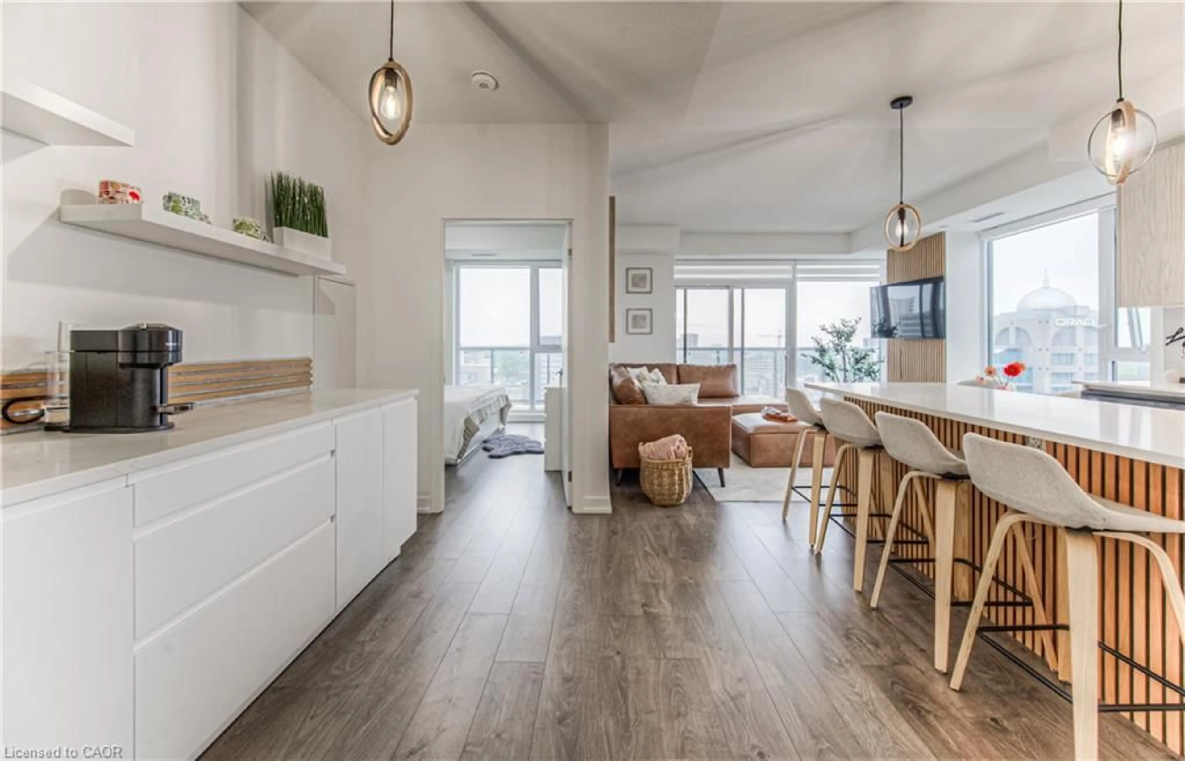 Open concept kitchen, wood/laminate floor for 55 Duke St #1308, Kitchener Ontario N2H 0C9