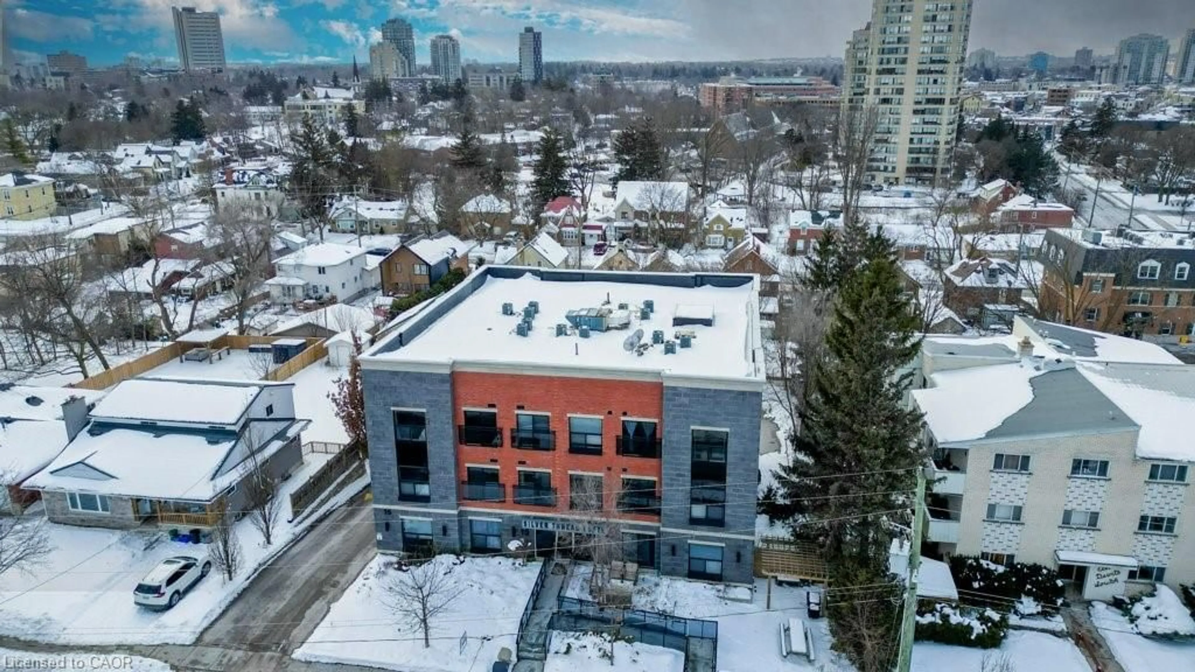 A pic from outside/outdoor area/front of a property/back of a property/a pic from drone, city buildings view from balcony for 15 Devitt Ave #302, Waterloo Ontario N2J 1Y6