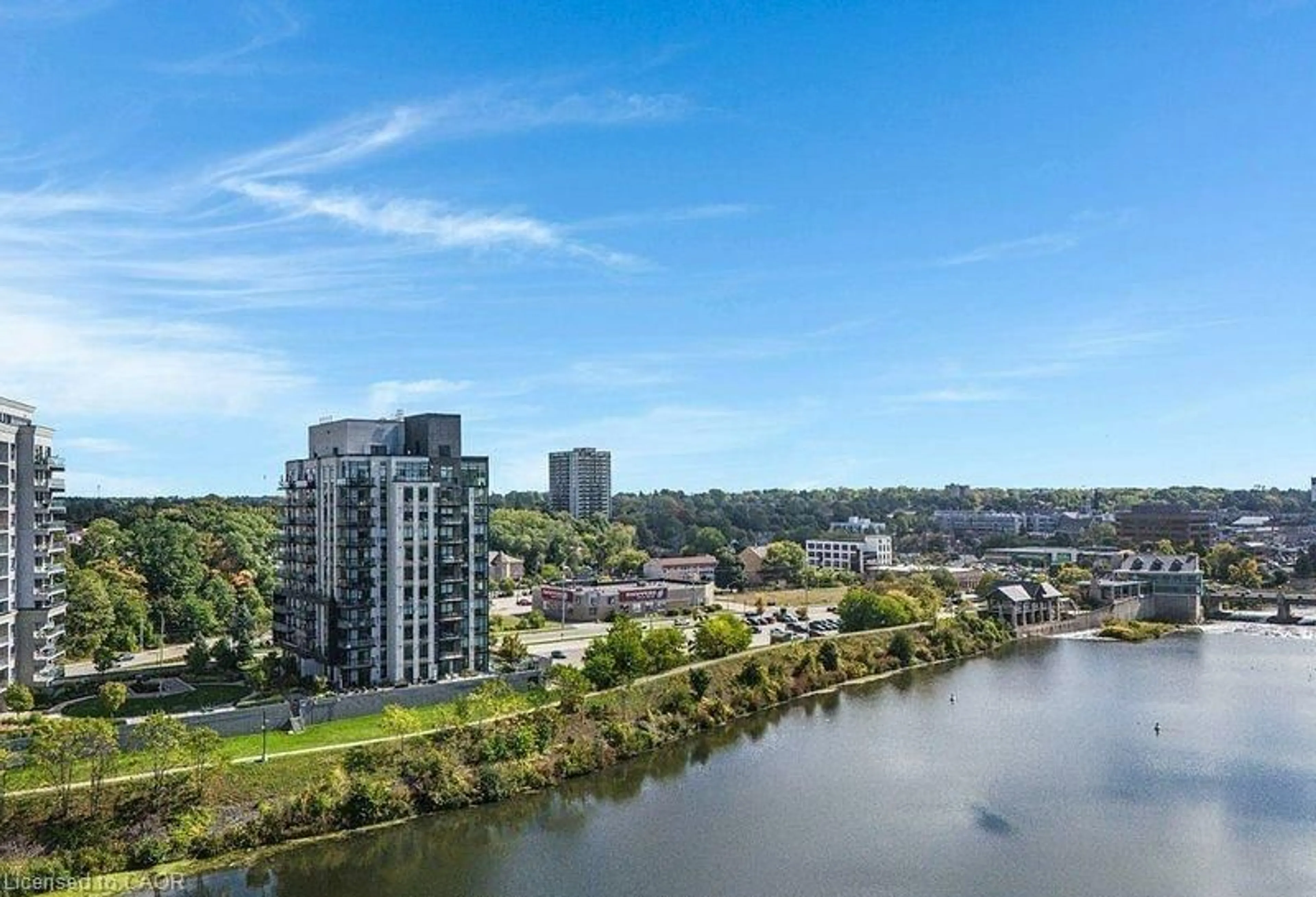 A pic from outside/outdoor area/front of a property/back of a property/a pic from drone, water/lake/river/ocean view for 150 Water St #811, Cambridge Ontario N1R 0B5