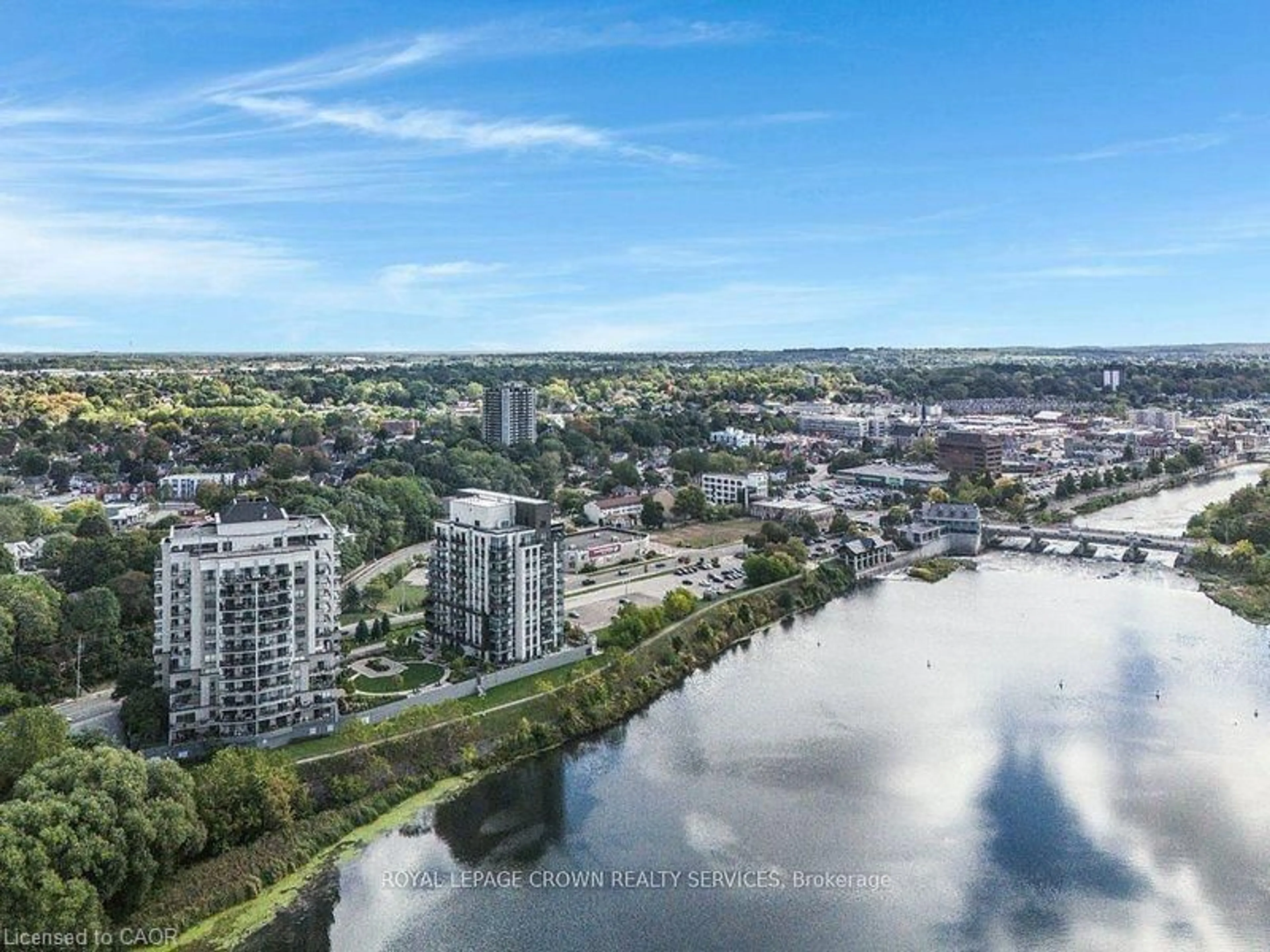 A pic from outside/outdoor area/front of a property/back of a property/a pic from drone, water/lake/river/ocean view for 150 Water St #811, Cambridge Ontario N1R 0B5