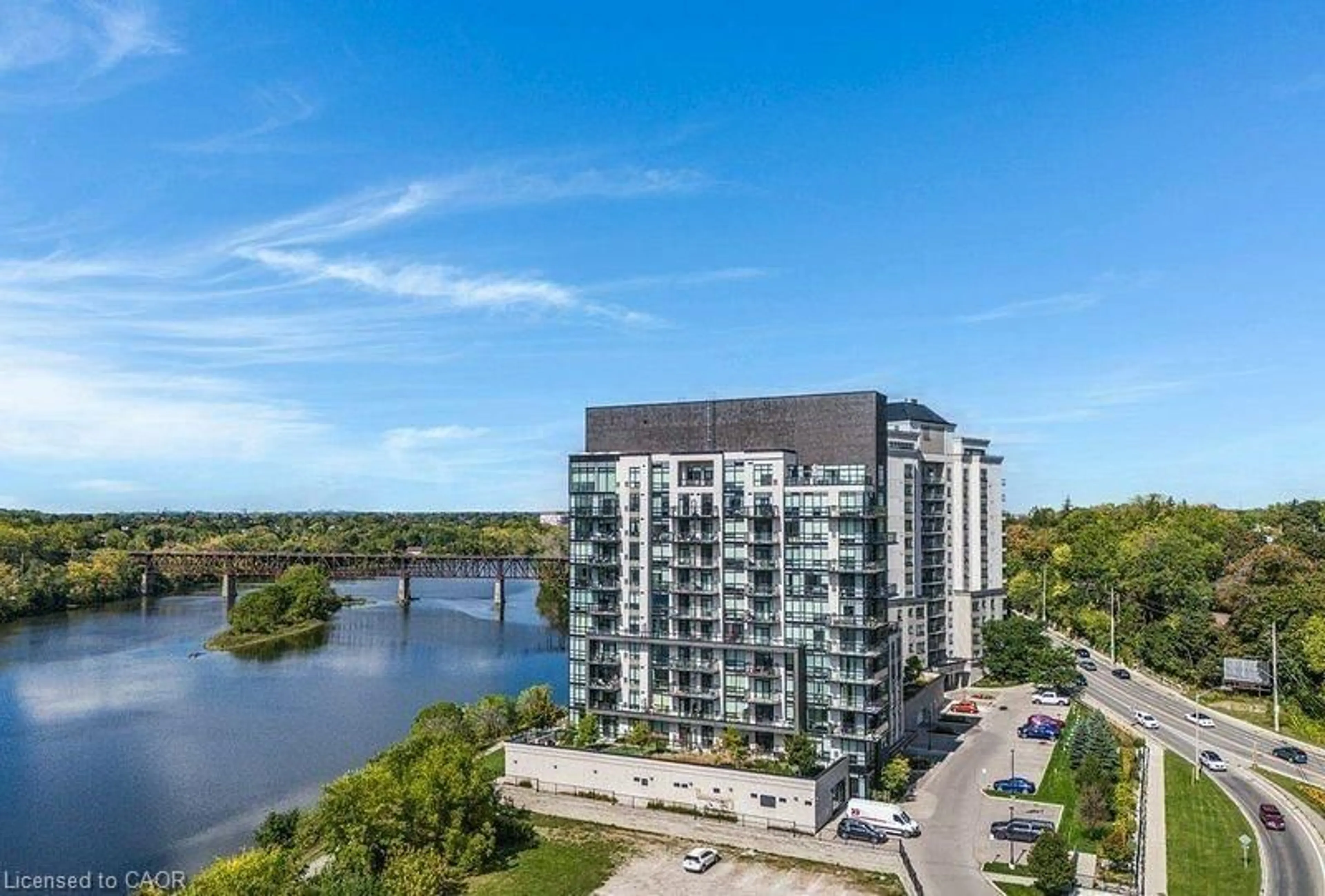 A pic from outside/outdoor area/front of a property/back of a property/a pic from drone, water/lake/river/ocean view for 150 Water St #811, Cambridge Ontario N1R 0B5