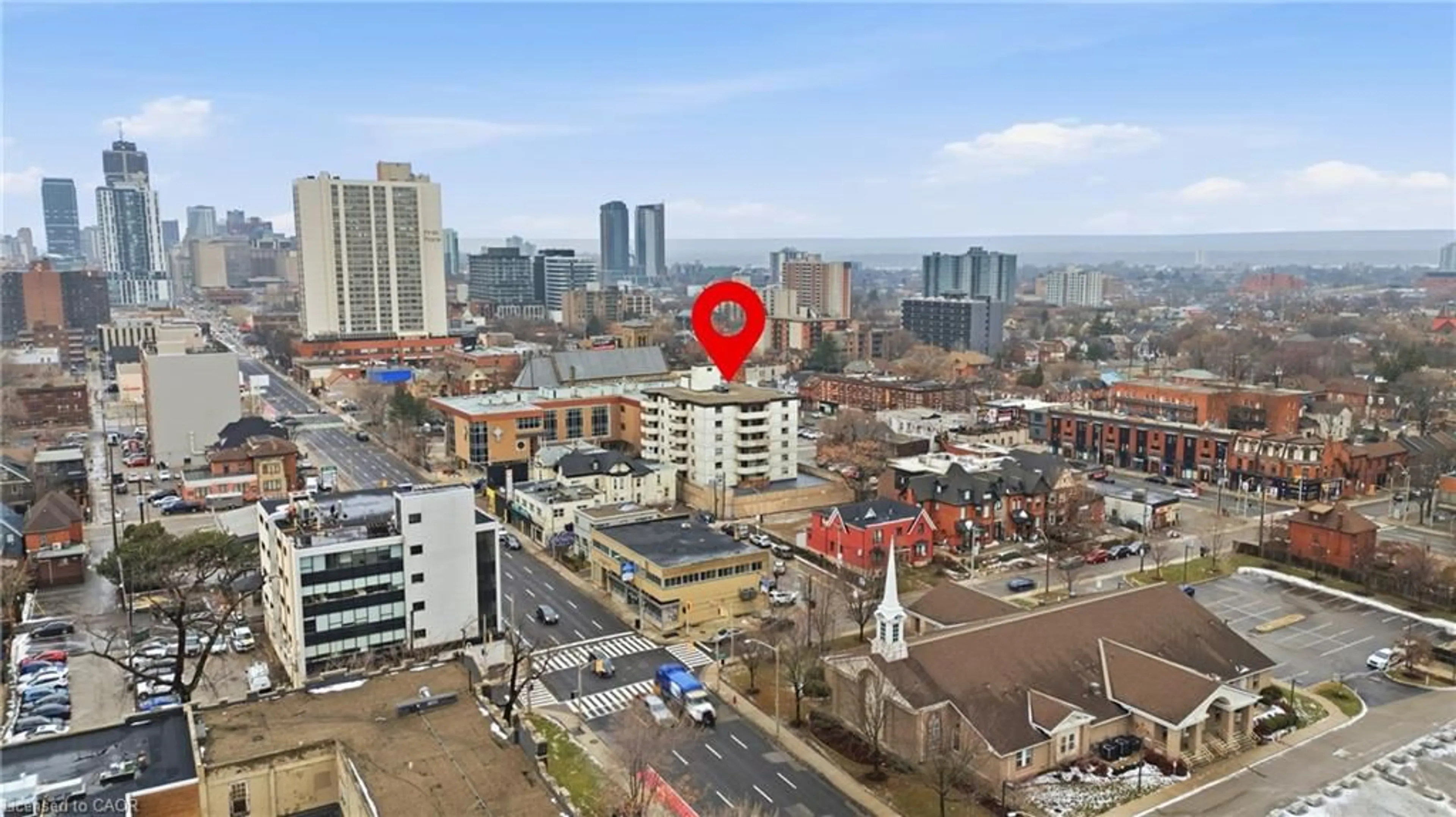 A pic from outside/outdoor area/front of a property/back of a property/a pic from drone, city buildings view from balcony for 21 East Ave #601, Hamilton Ontario L8N 2T3