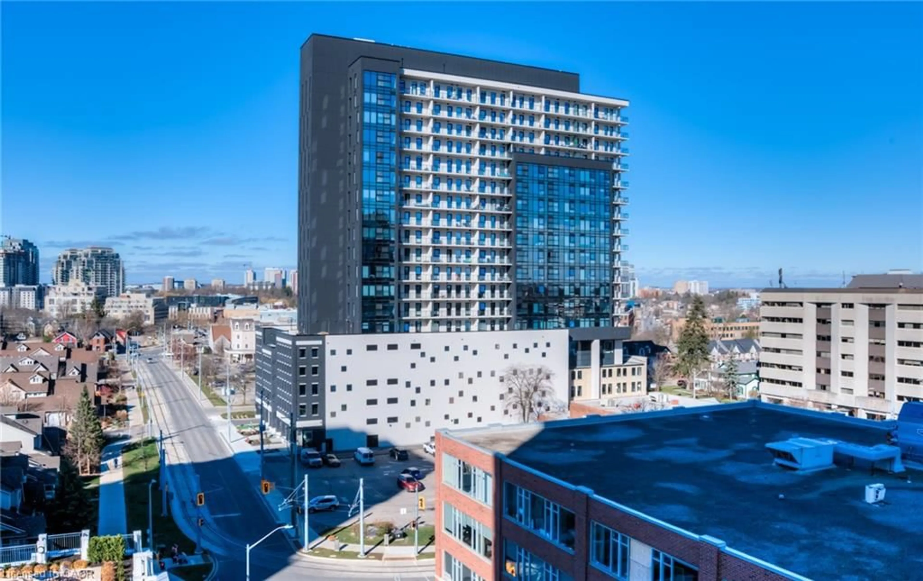 A pic from outside/outdoor area/front of a property/back of a property/a pic from drone, city buildings view from balcony for 181 King St #1510, Waterloo Ontario N2J 0E7