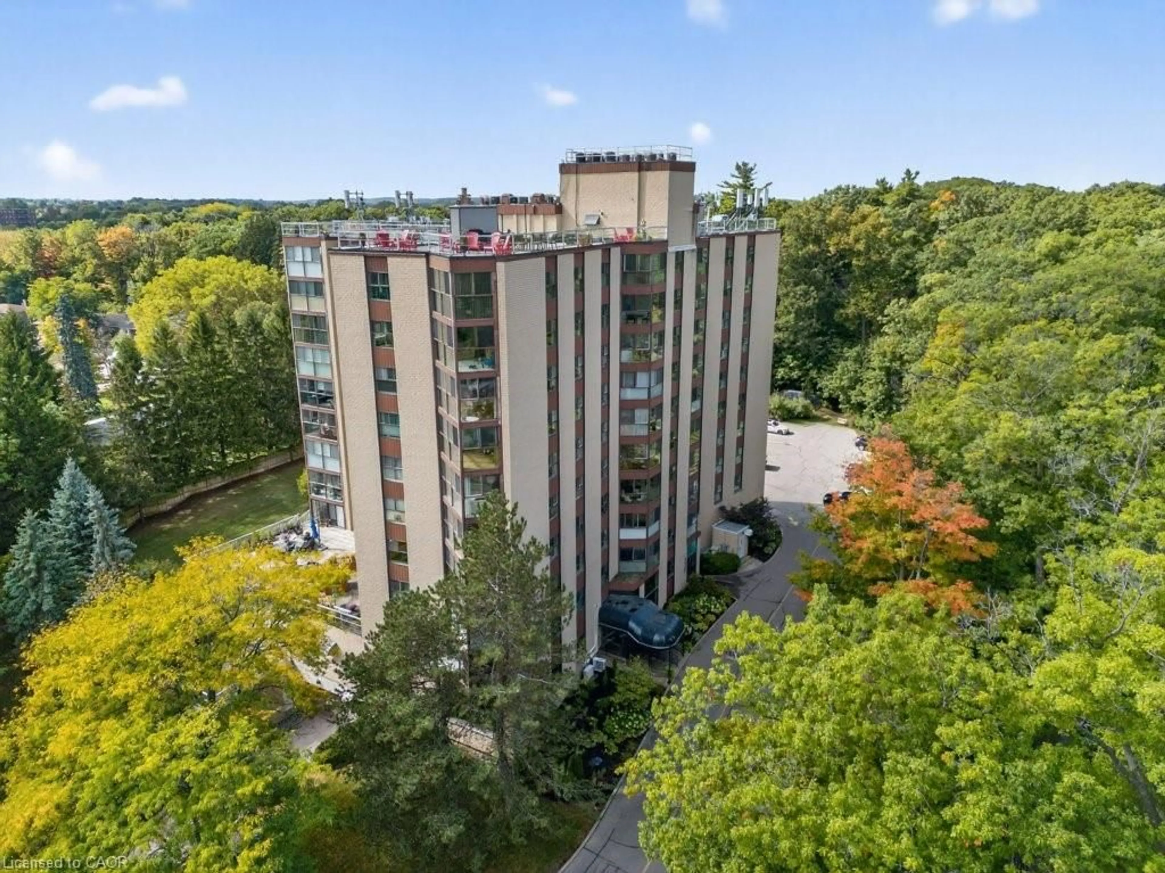 A pic from outside/outdoor area/front of a property/back of a property/a pic from drone, city buildings view from balcony for 20 Berkley Rd #204, Cambridge Ontario N1S 4S8