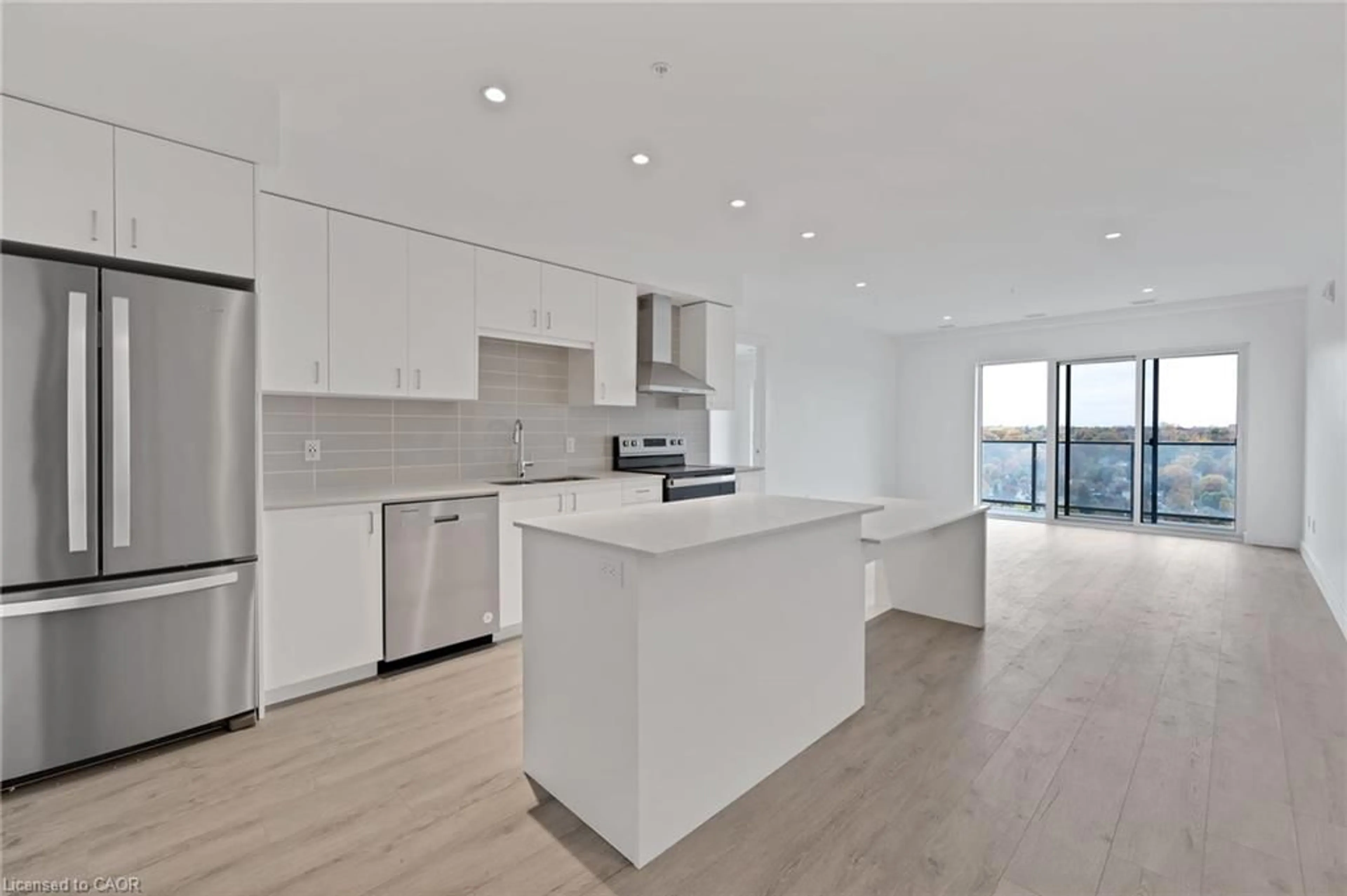 Open concept kitchen, wood/laminate floor for 15 Glebe St #1904, Cambridge Ontario N1S 0C3