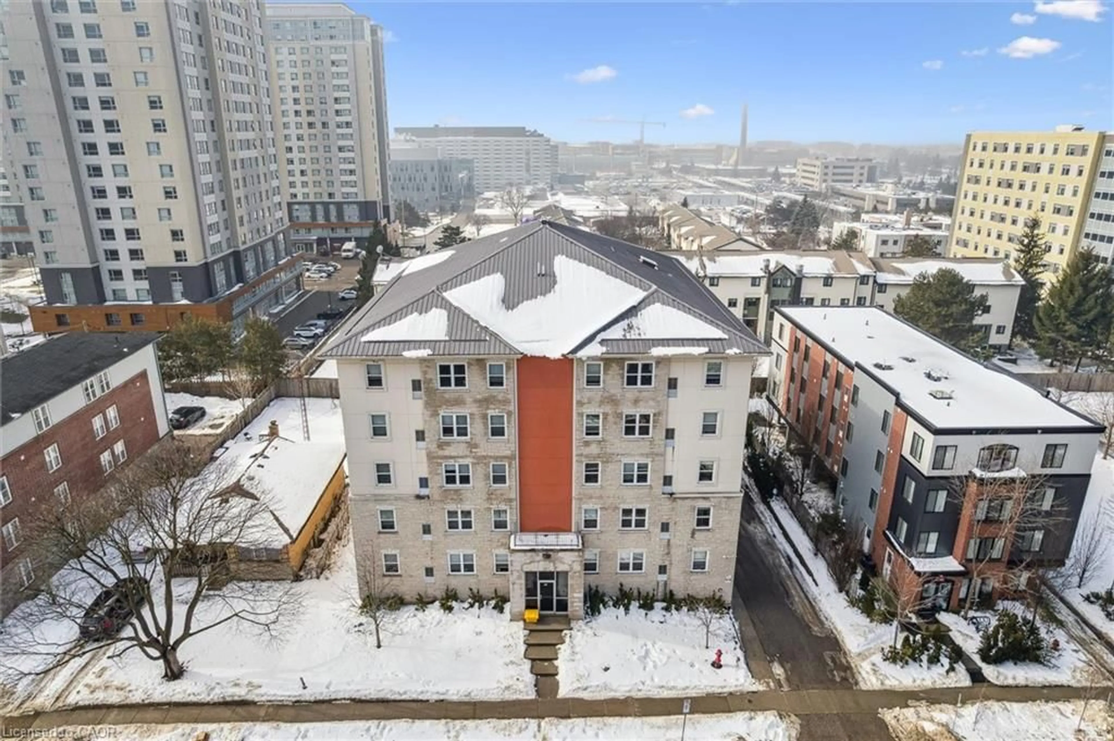 A pic from outside/outdoor area/front of a property/back of a property/a pic from drone, city buildings view from balcony for 271 Lester St #203, Waterloo Ontario N2L 3W6