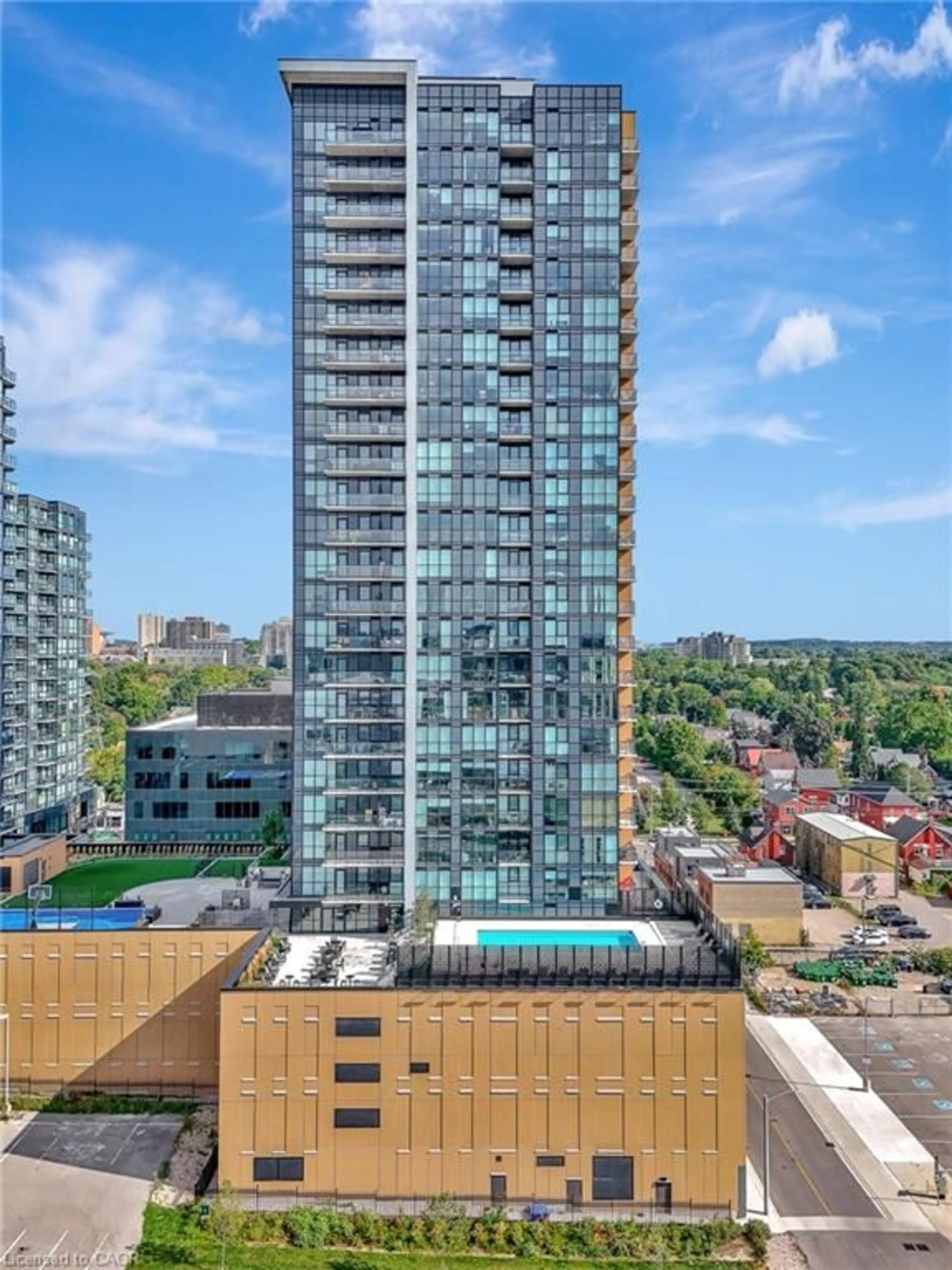 A pic from outside/outdoor area/front of a property/back of a property/a pic from drone, city buildings view from balcony for 100 Garment St #305, Kitchener Ontario N2G 0C3