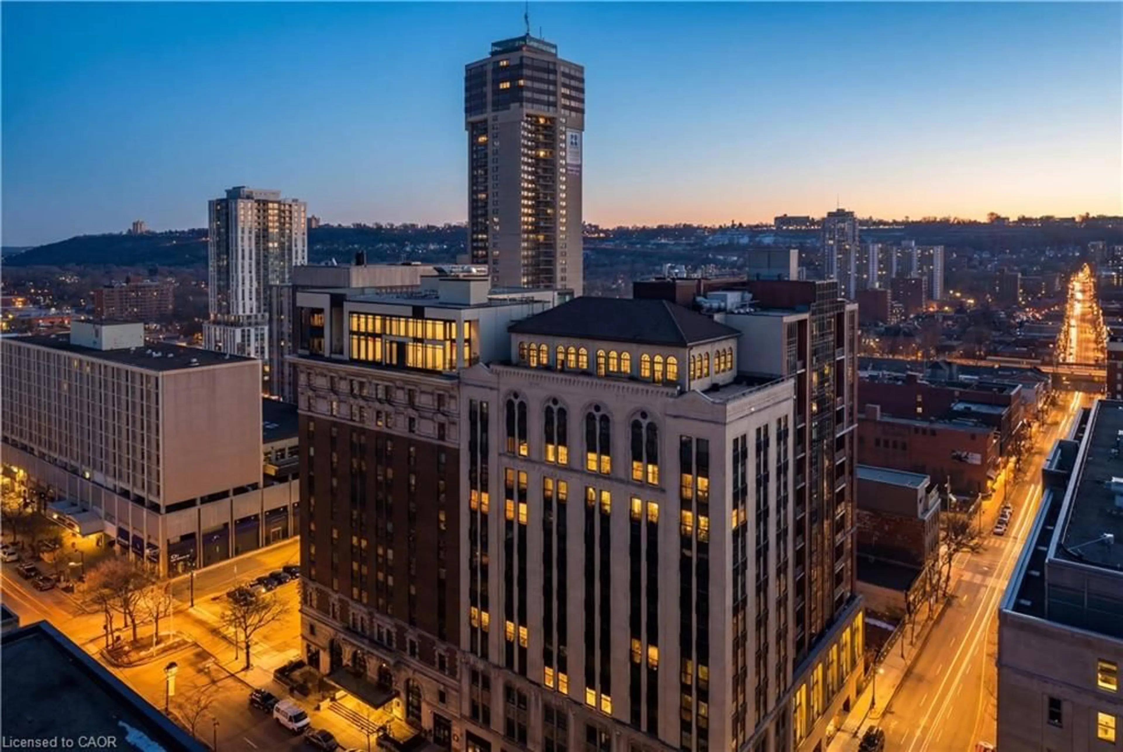 A pic from outside/outdoor area/front of a property/back of a property/a pic from drone, city buildings view from balcony for 112 King St #PH4, Hamilton Ontario L8N 1A8