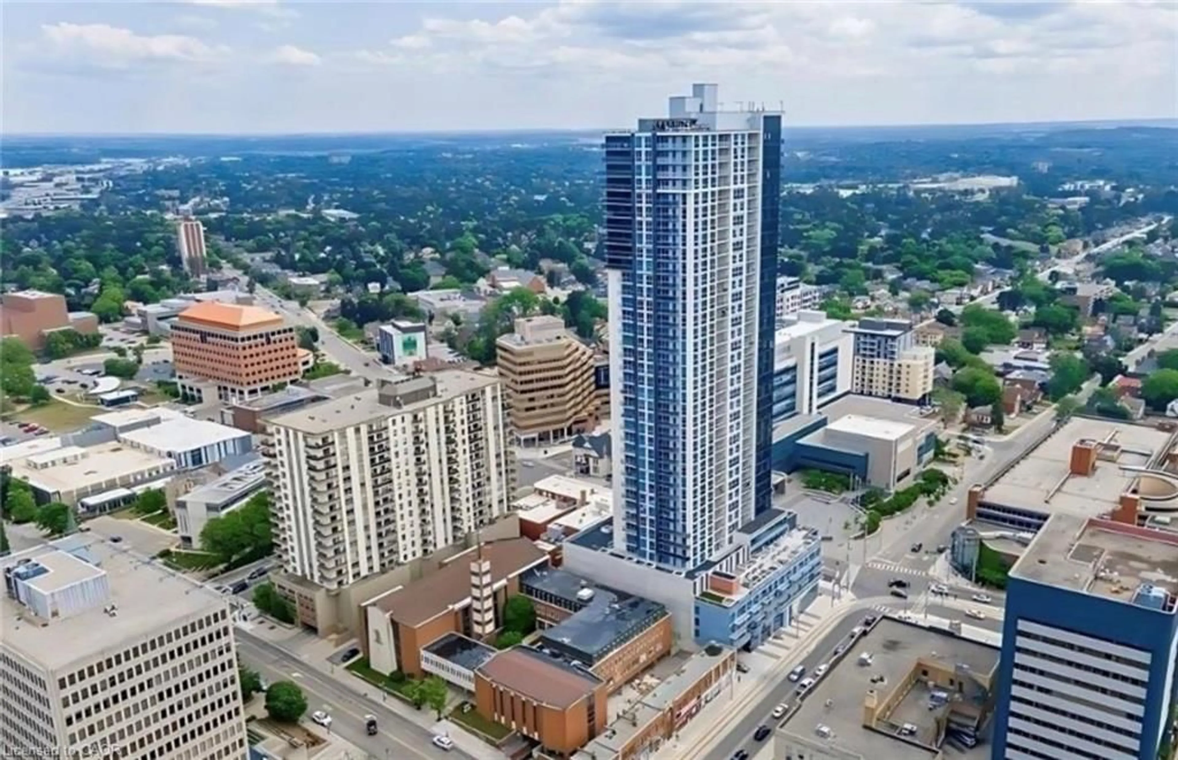 A pic from outside/outdoor area/front of a property/back of a property/a pic from drone, city buildings view from balcony for 60 Frederick St #3414, Kitchener Ontario N2H 0C7